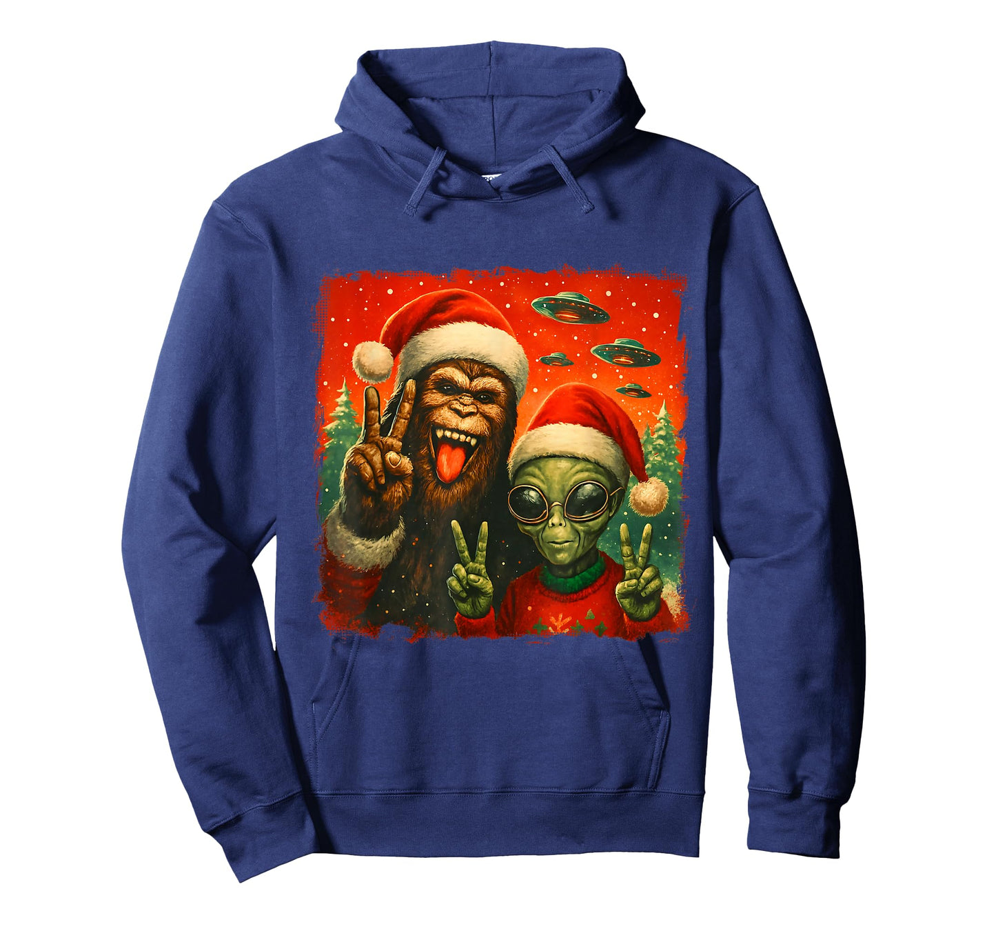 Funny Christmas Bigfoot & Alien Sasquatch Rock On Hand Sign T-Shirt