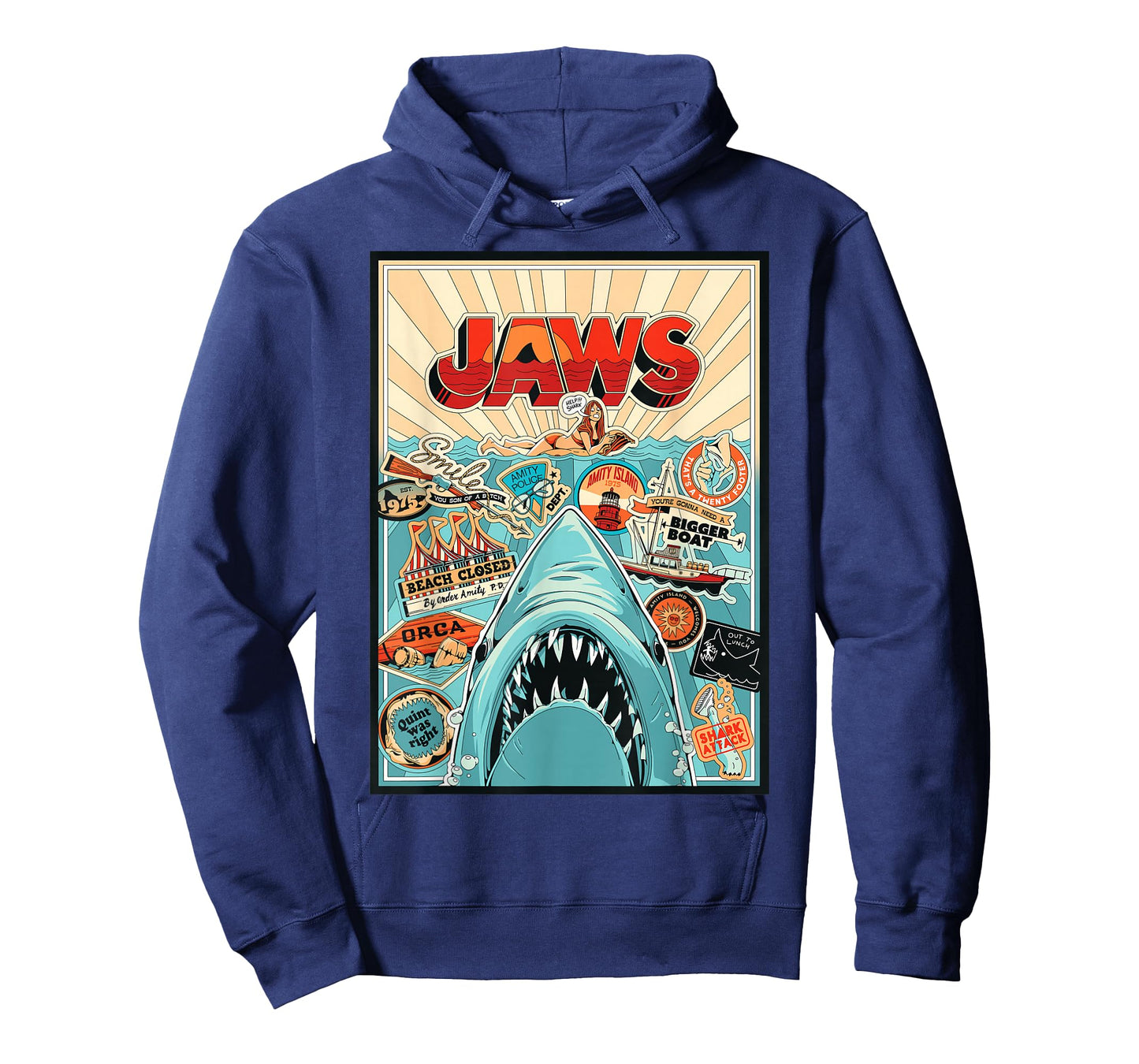 Jaws 50th Anniversary Poster Amity Sticker Collage 2-Sided T-Shirt
