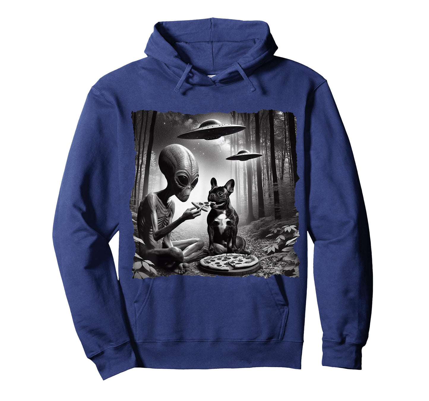 French Bulldog With Alien Eating Pizza. UFO French Bulldog T-Shirt