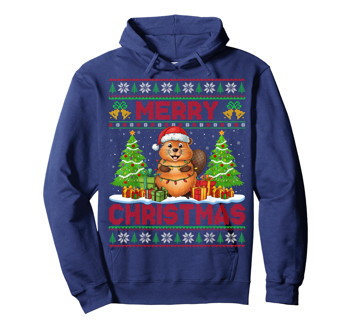 Beaver Ugly Christmas Sweaters Cute Santa Hat Lights Xmas T-Shirt