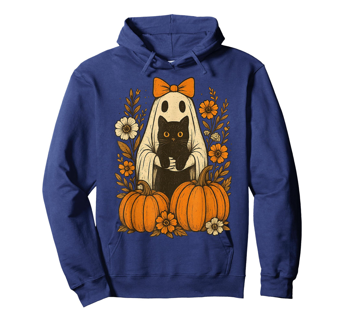 Vintage Halloween Ghost Holding Black Cat Groovy Floral T-Shirt