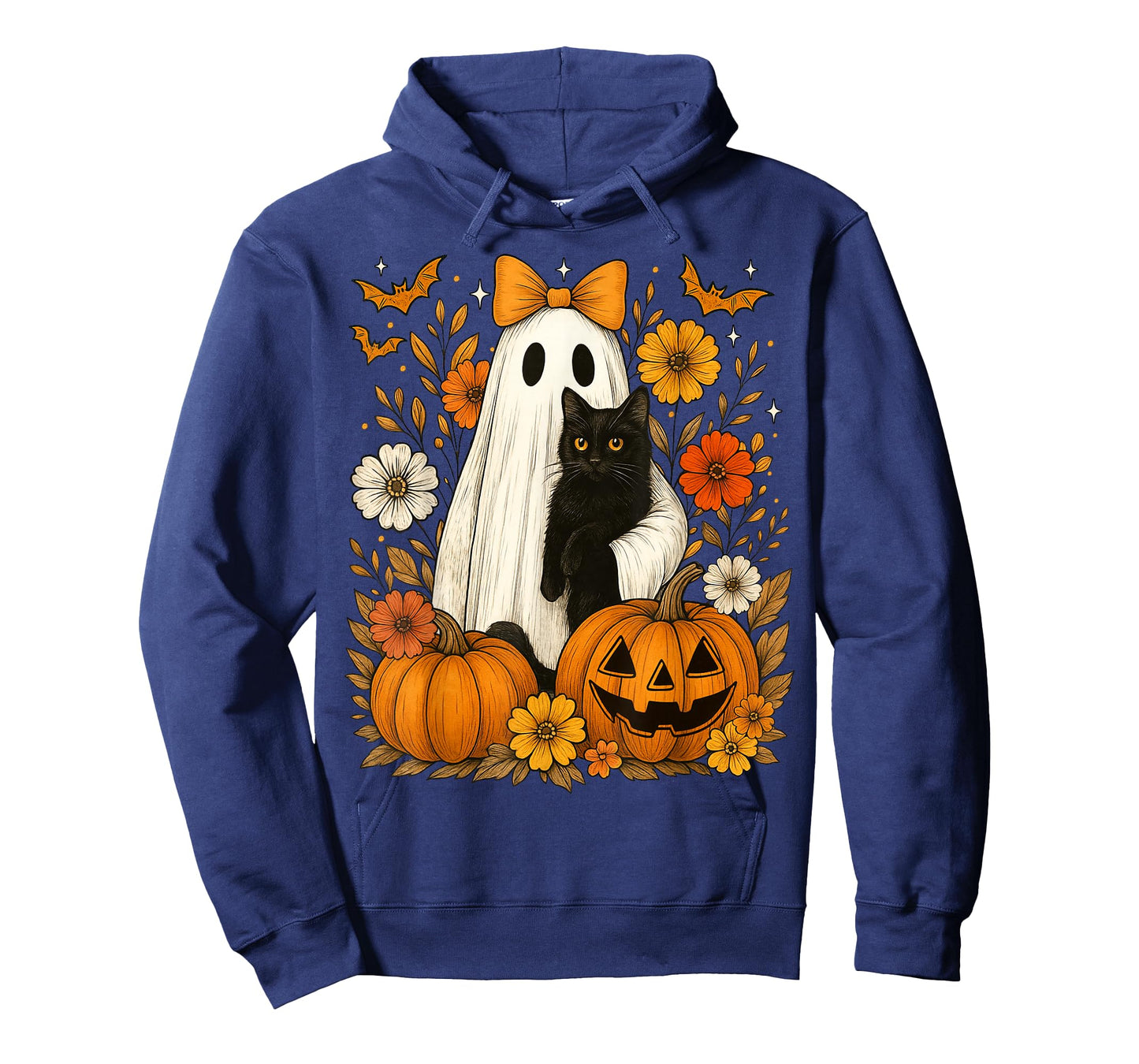 Vintage Halloween Ghost Holding Black Cat Groovy Floral T-Shirt