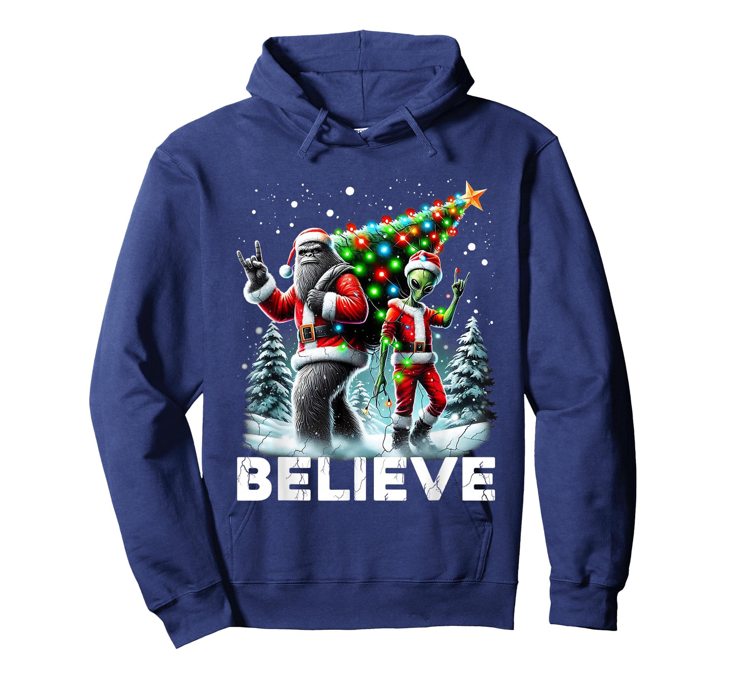 Believe Funny Alien and Bigfoot Christmas Design T-Shirt