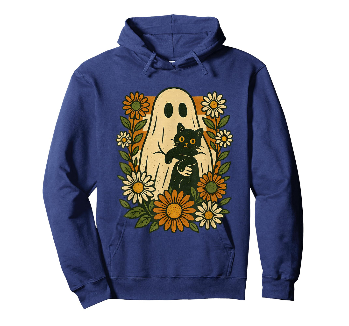Cute Ghost Holding Black Cat Groovy Floral Funny Halloween T-Shirt