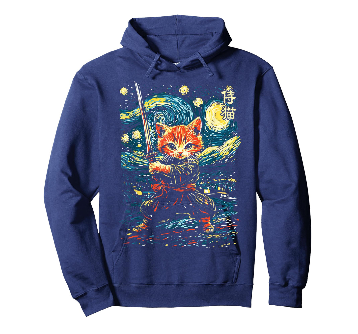 Japanese Samurai Ninja Cat in Starry Night Style T-Shirt