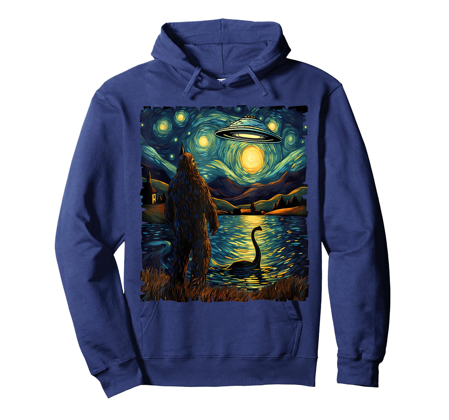 Funny Bigfoot UFO and Nessie Van Gogh Starry Night Painting T-Shirt