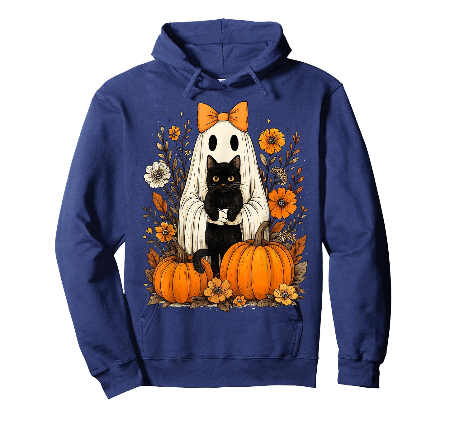 Vintage Halloween Ghost Holding Black Cat Groovy Floral T-Shirt