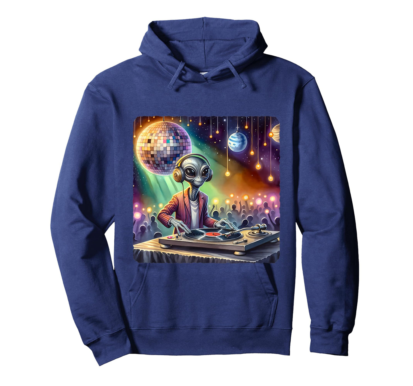 Alien Dj Under Mirror Ball Moon. Turntable Planets Lights T-Shirt