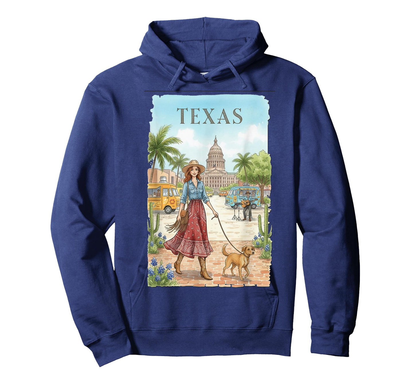 Texas Travel Art โ Cowgirl with Dog in Austin City Scene T-Shirt