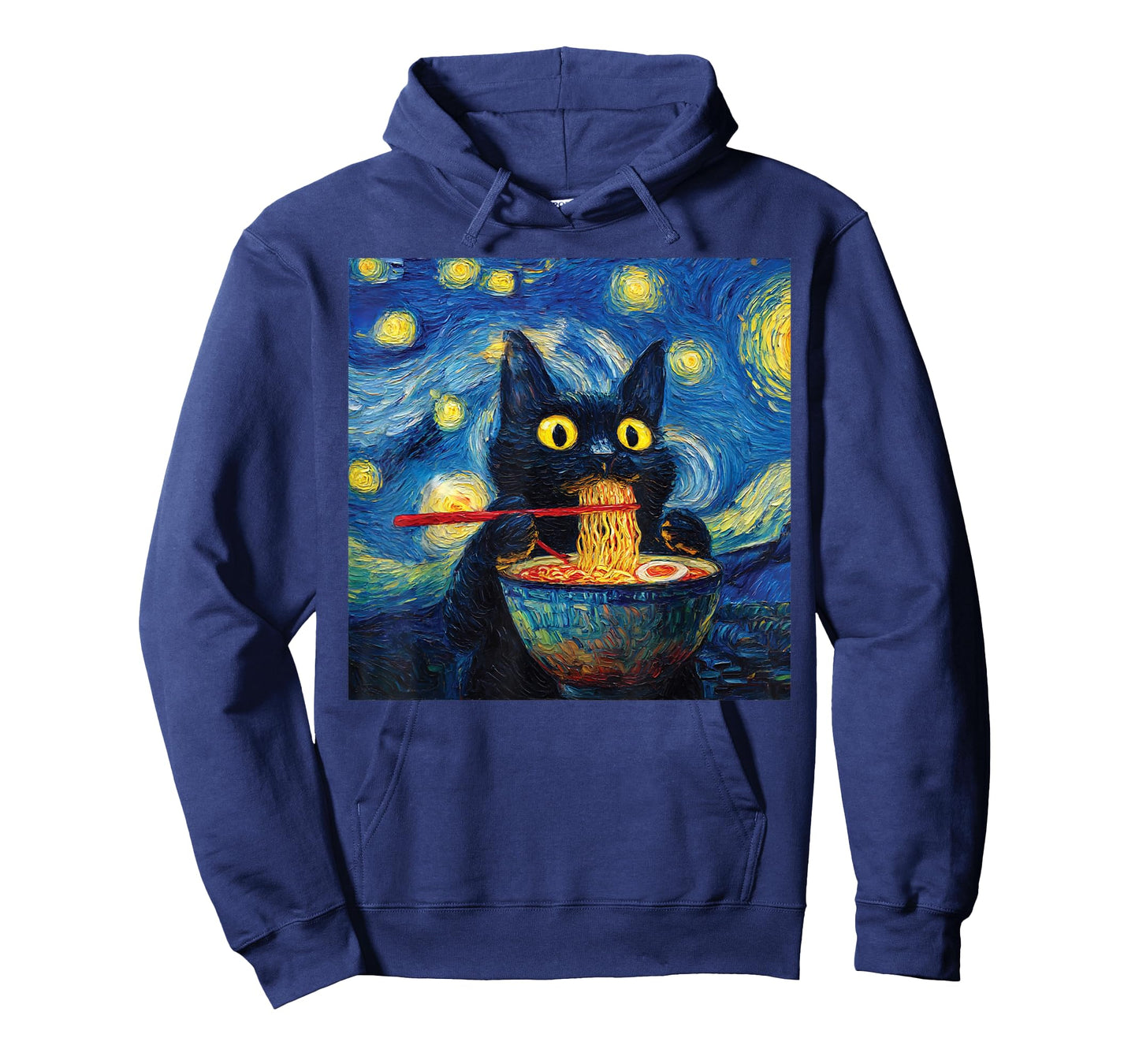 Cat Eating Ramen Under Starry Nighit Funny Noodle Cat Art T-Shirt