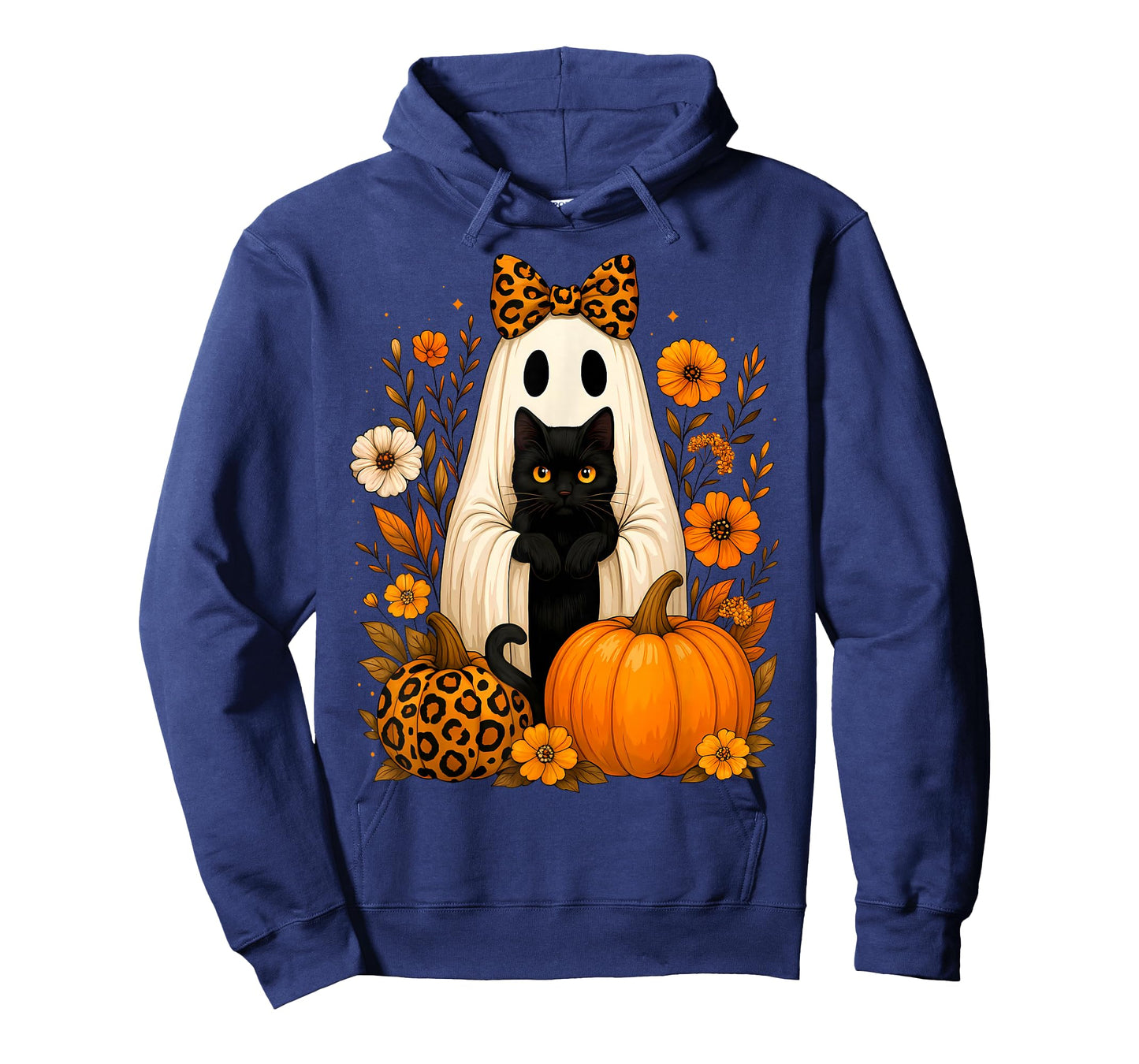 Ghost Holding Black Cat Leopard Print Autumn Halloween Women T-Shirt