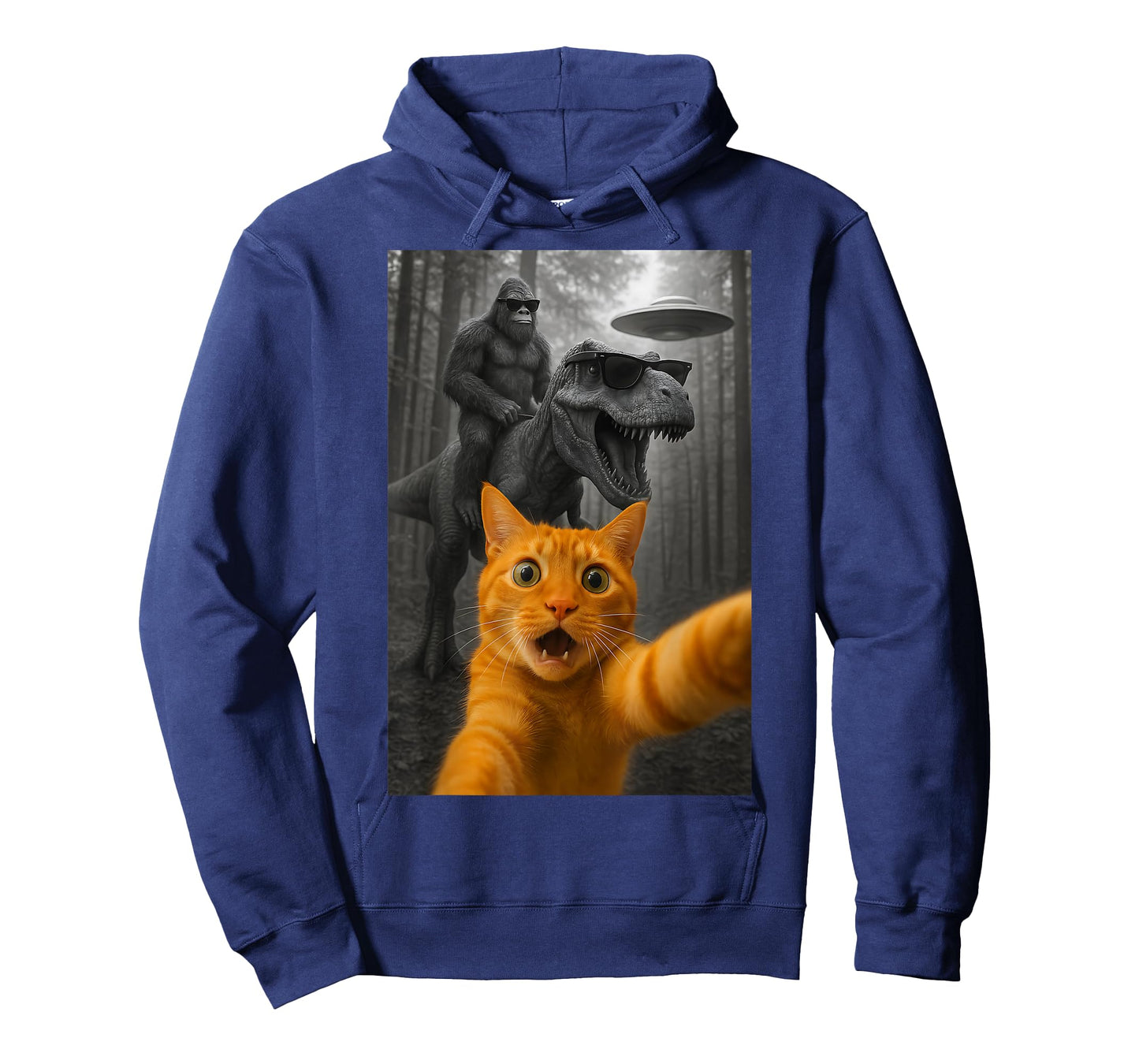 Cat Selfie with Dinosaur Bigfoot UFO Funny Graphic T-Shirt