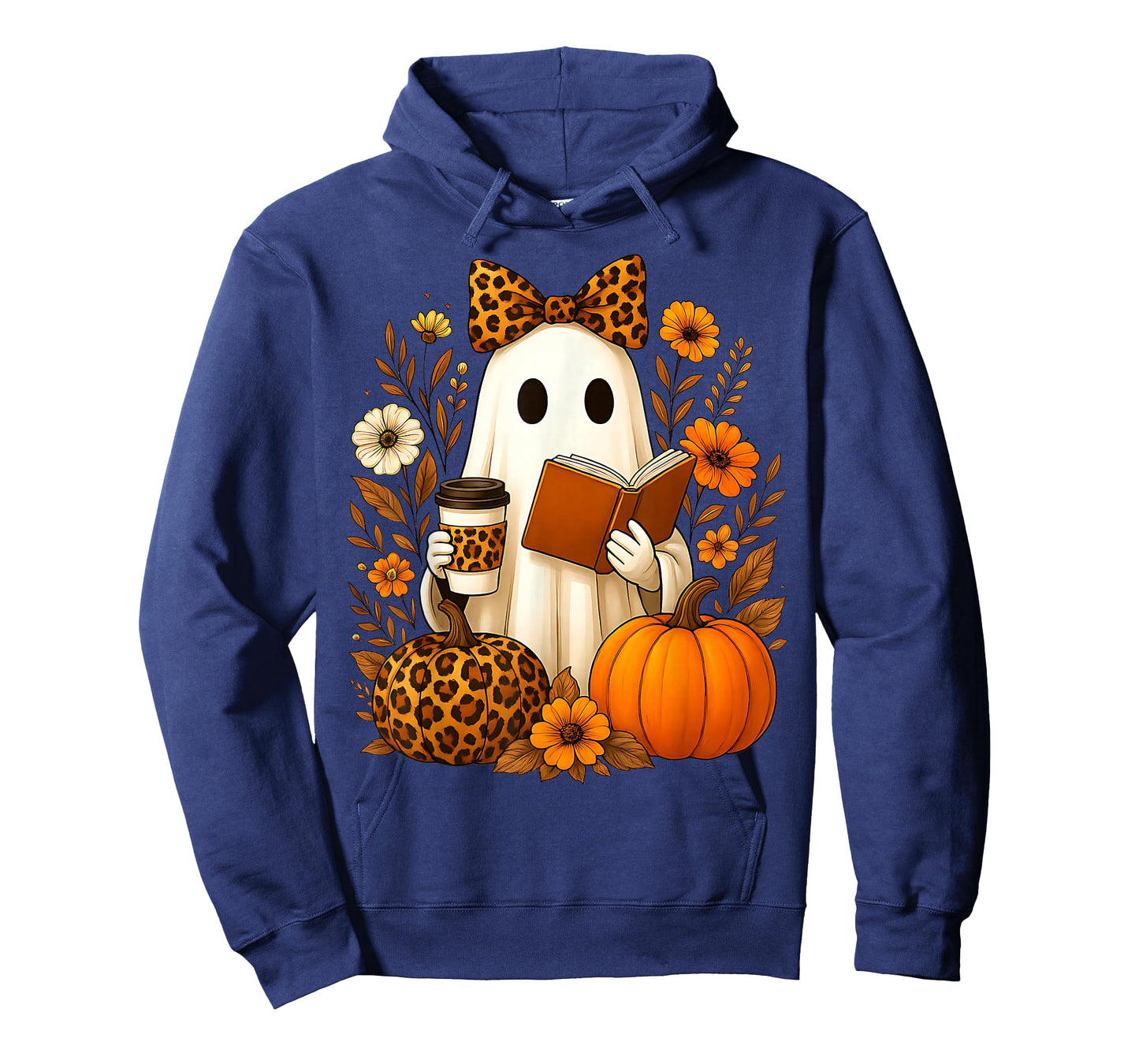 Ghost Reading Book Coffee Leopard Print Fall Halloween Women T-Shirt
