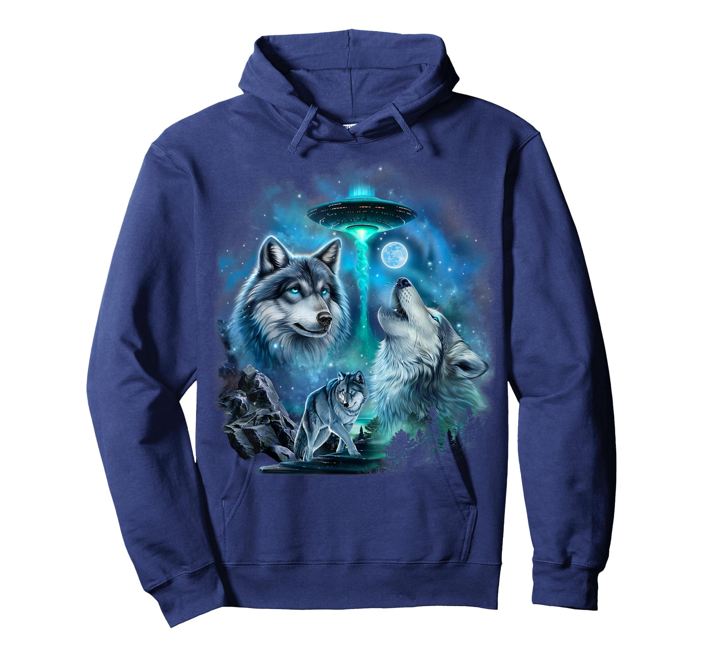 Alien Wolf Howling Moon UFO Galaxy Forest Night Art T-Shirt