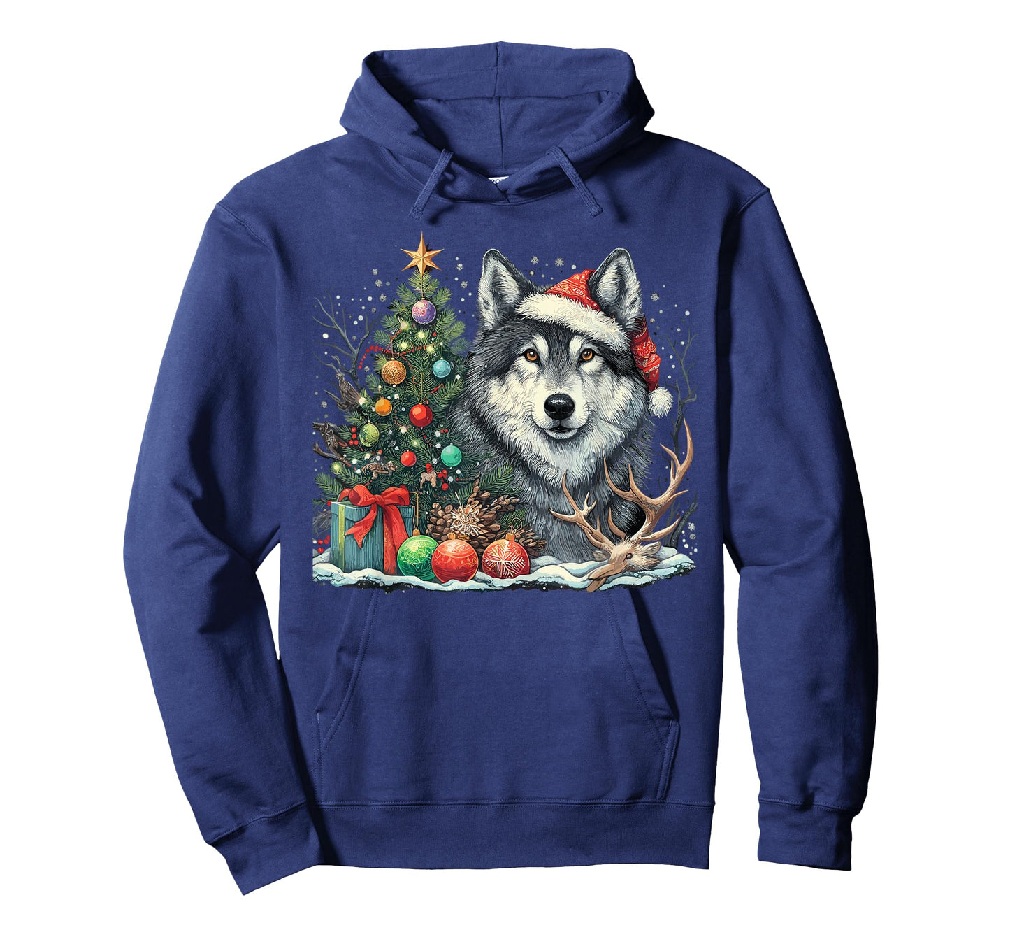 Cute Wolf With Christmas tree Wearing Santa Hat T-Shirt