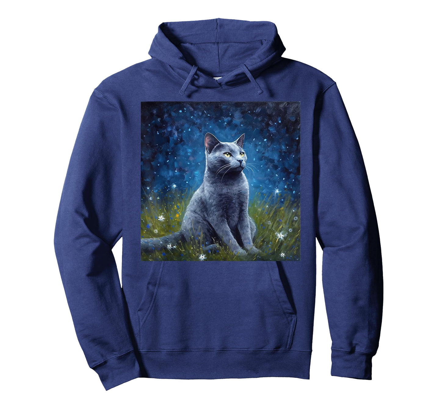 Cute Russian Blue Cat In A Starry Sky Night Painting T-Shirt