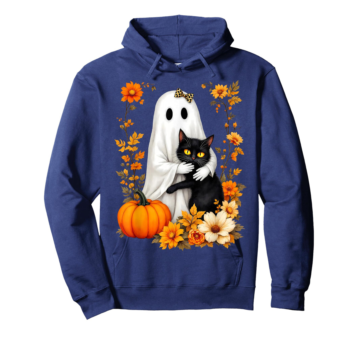 Ghost Hugging Black Cat Halloween Cats Lover Women Floral T-Shirt
