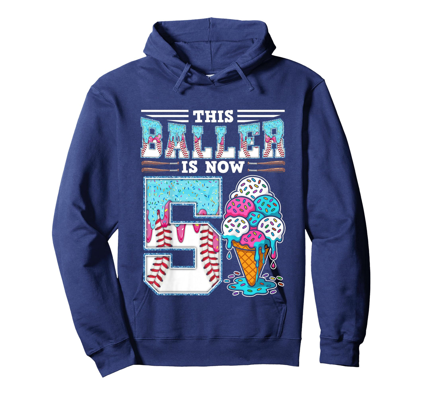 Kids Baller Is Now 5 Year Ice Cream Drip 5th Birthday Baseball T-Shirt