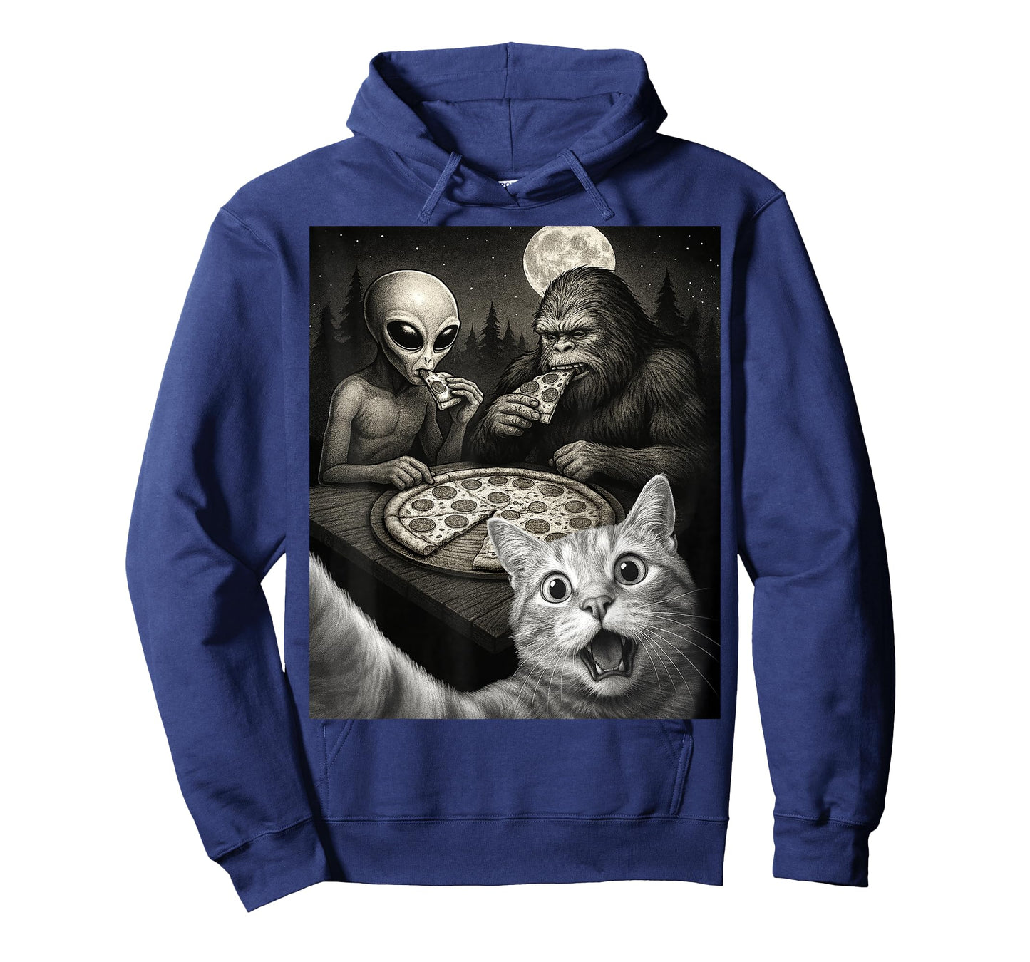 Funny Selfie of Cat With Bigfoot Eating Pizza With An Alien T-Shirt