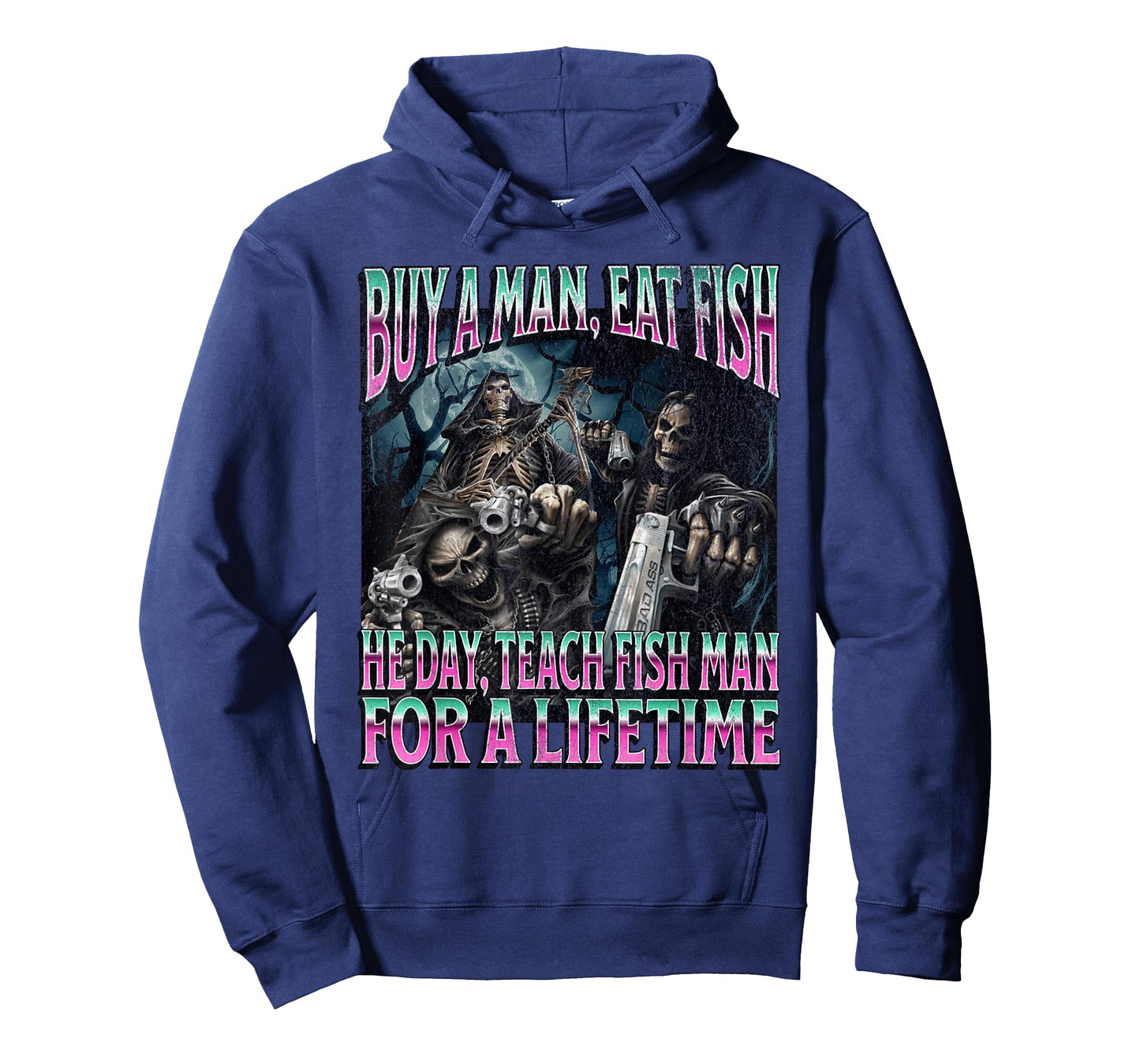 Buy A Man Eat Fish Funny Hard Skeleton Meme Bootleg T-Shirt