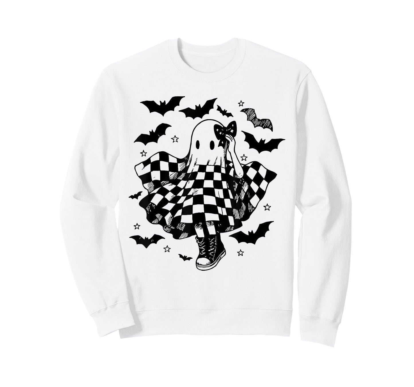 Retro Halloween Checkered Ghost Dance Coquette Bow Womens T-Shirt