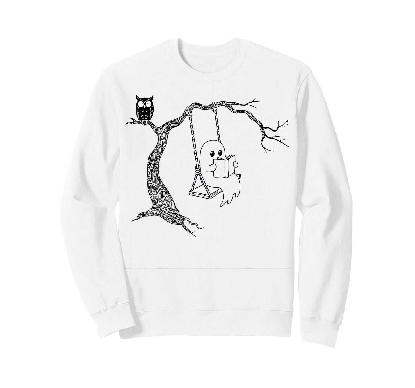 Cute Ghost Swinging Reading Book Halloween line Art T-Shirt