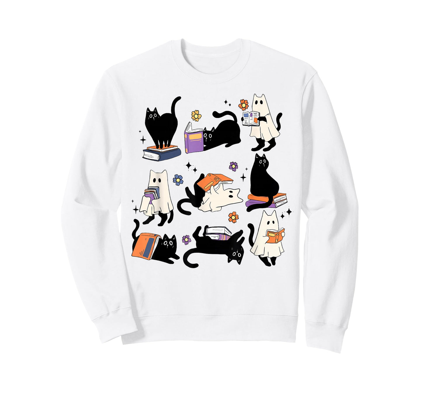 Funny Ghost Black Cat Books Lover Teacher Spooky Halloween T-Shirt