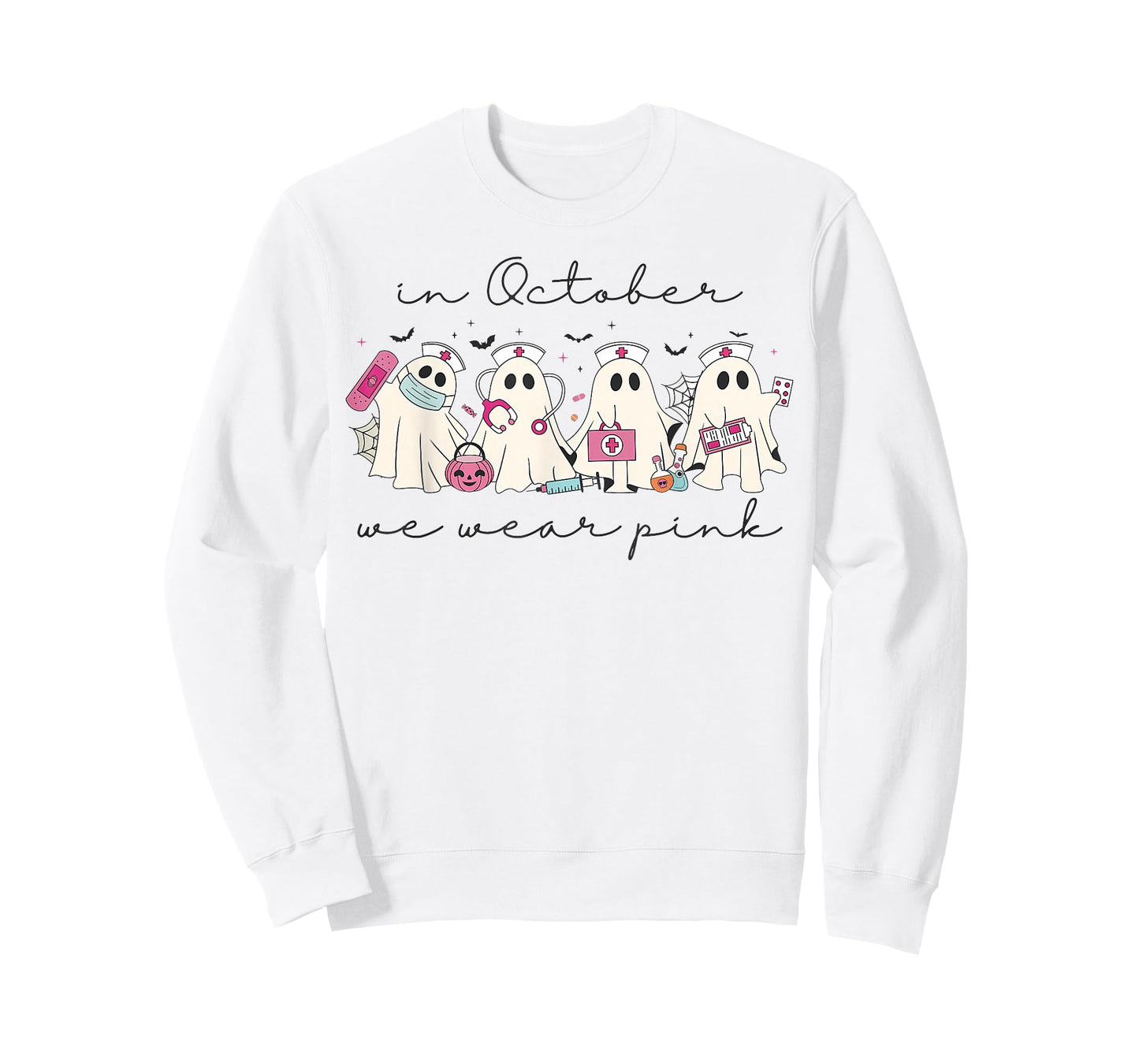 in October We Wear Pink Nurse Ghost Halloween Breast Cancer T-Shirt