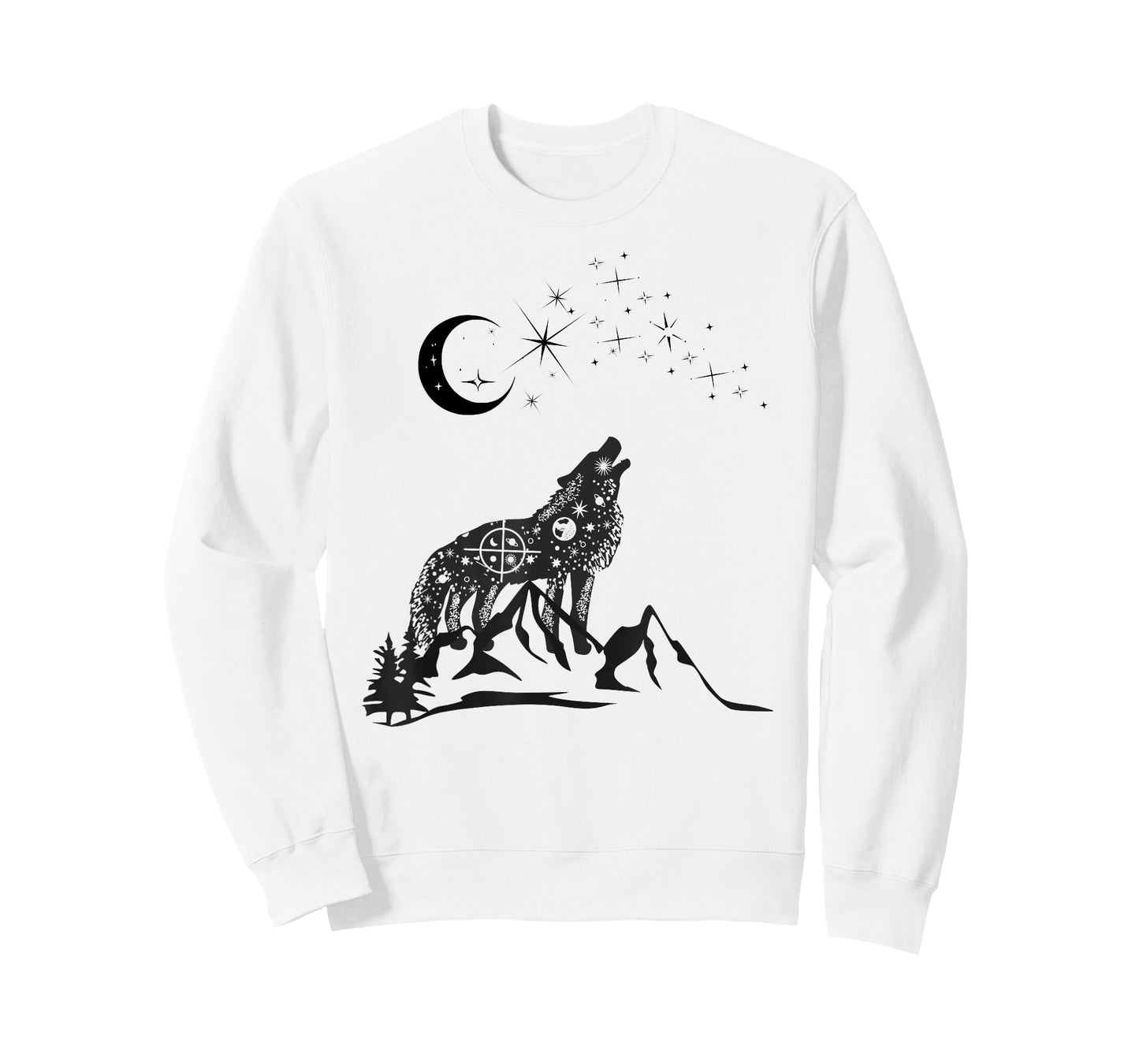 Stars Moon Astrology Wolf Mountain Landscape Black Graphic T-Shirt