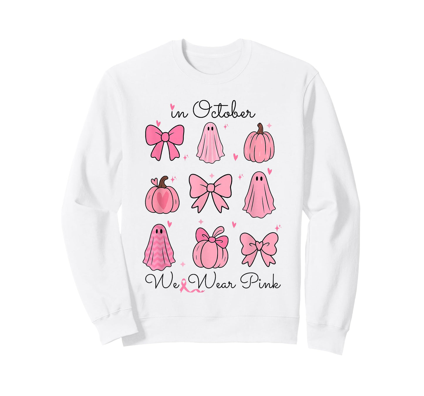 in October We Wear Pink Pumpkin Bows Ghost Breast Cancer T-Shirt