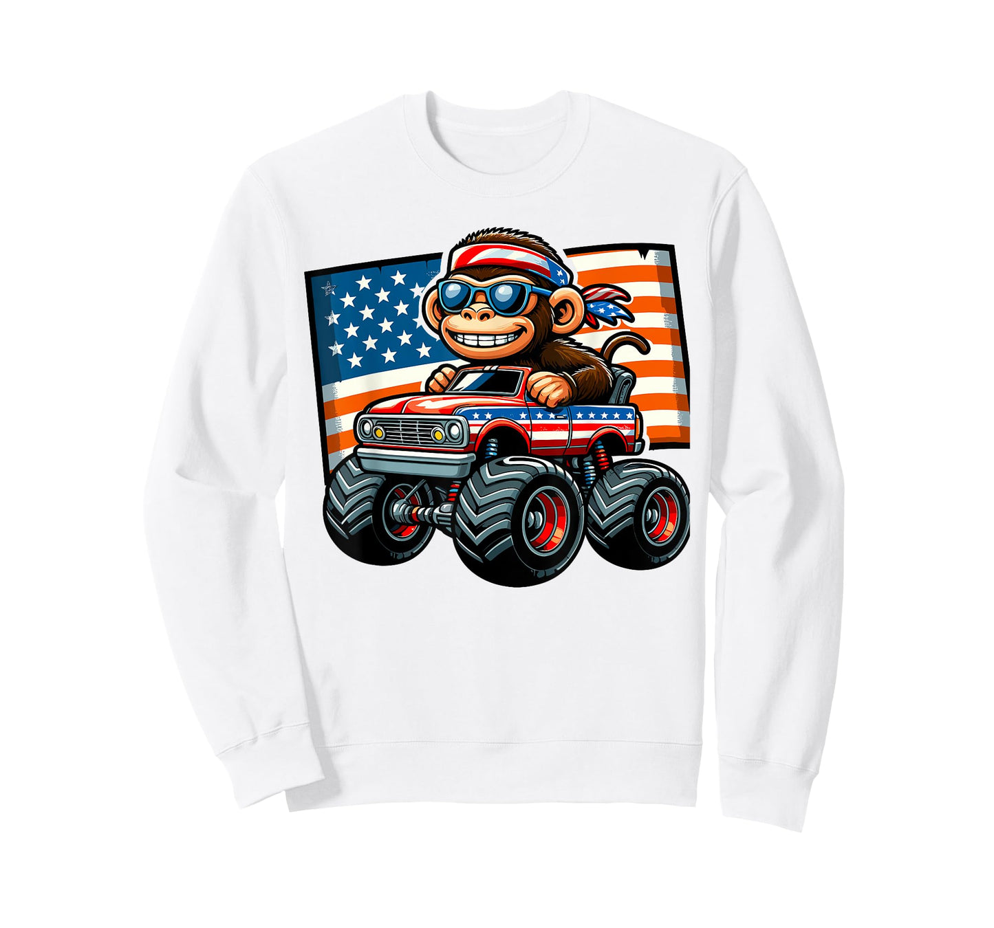 Patriotic Monkey 4th July Monster Truck American Women Kids Men T-Shirt