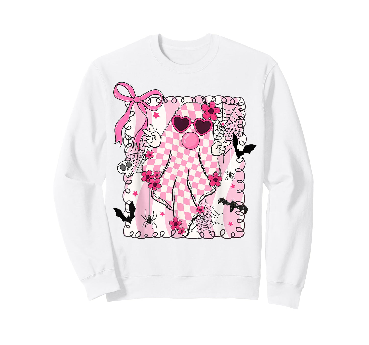 Cute Pink Ghost Blowing Bubble Gum Checkered Halloween T-Shirt
