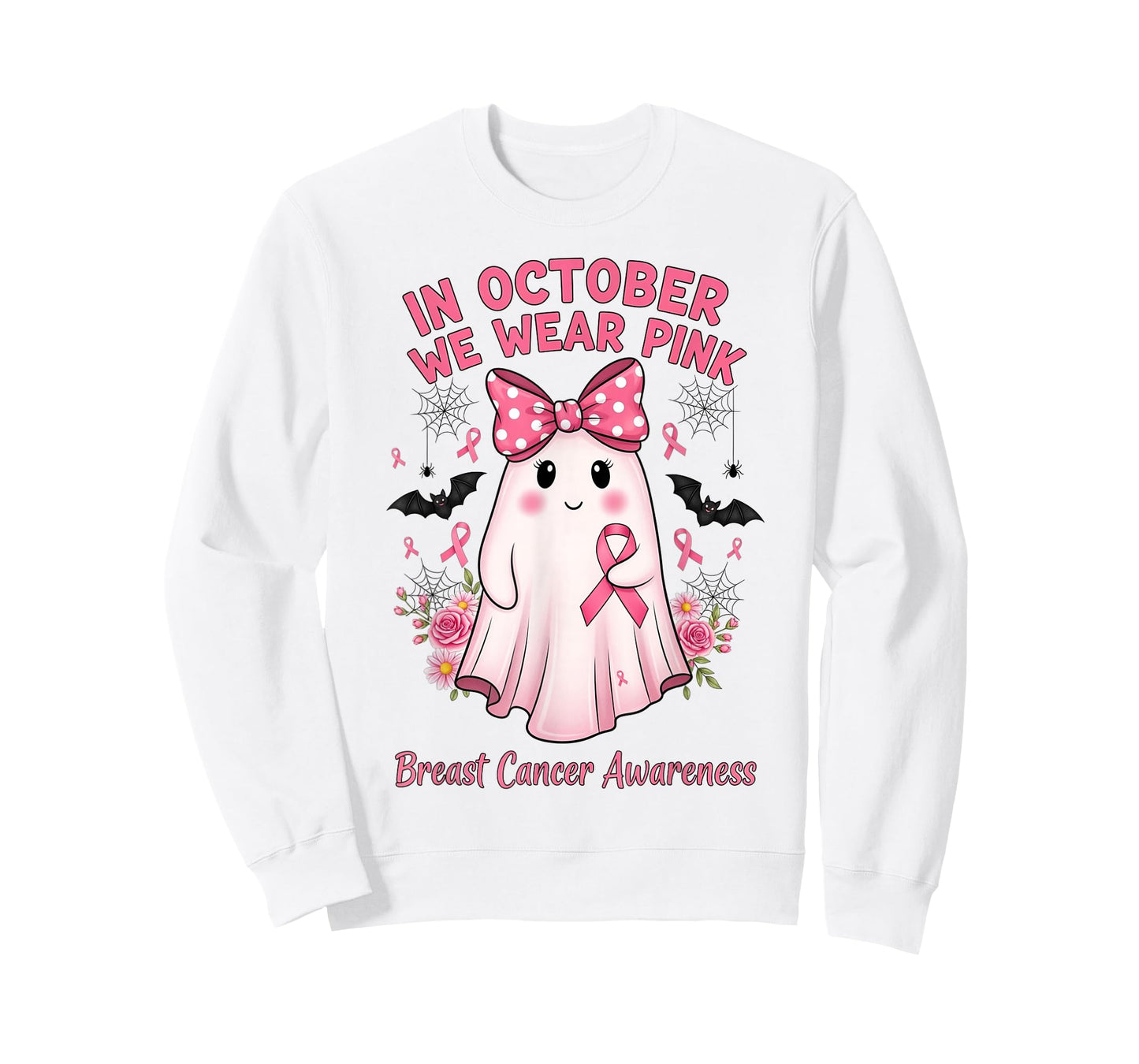 in October We Wear Pink Ghost with Bow Breast Cancer Support T-Shirt