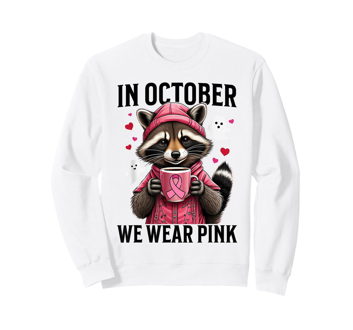 In October We Wear Pink Cute Raccoon Ghost Coffee Drink Pink T-Shirt