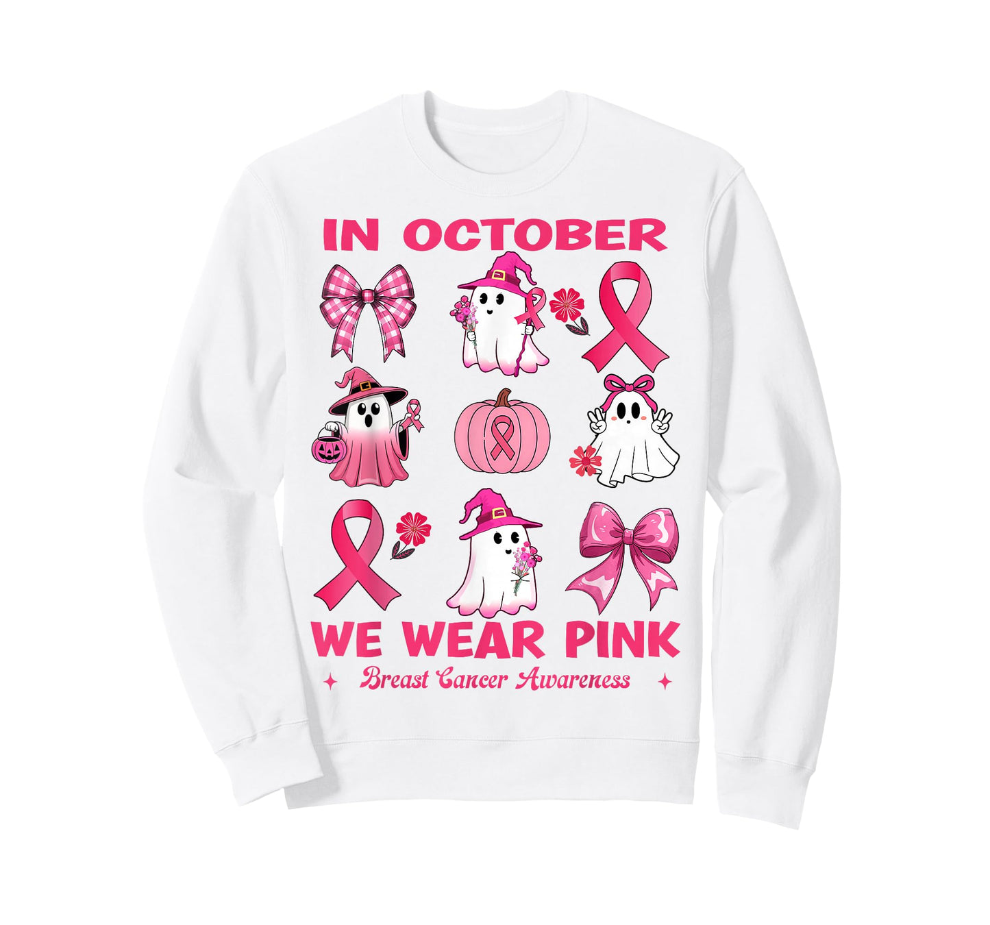 in October We Wear Pink Breast Cancer Cute Ghosts Pumpkin T-Shirt