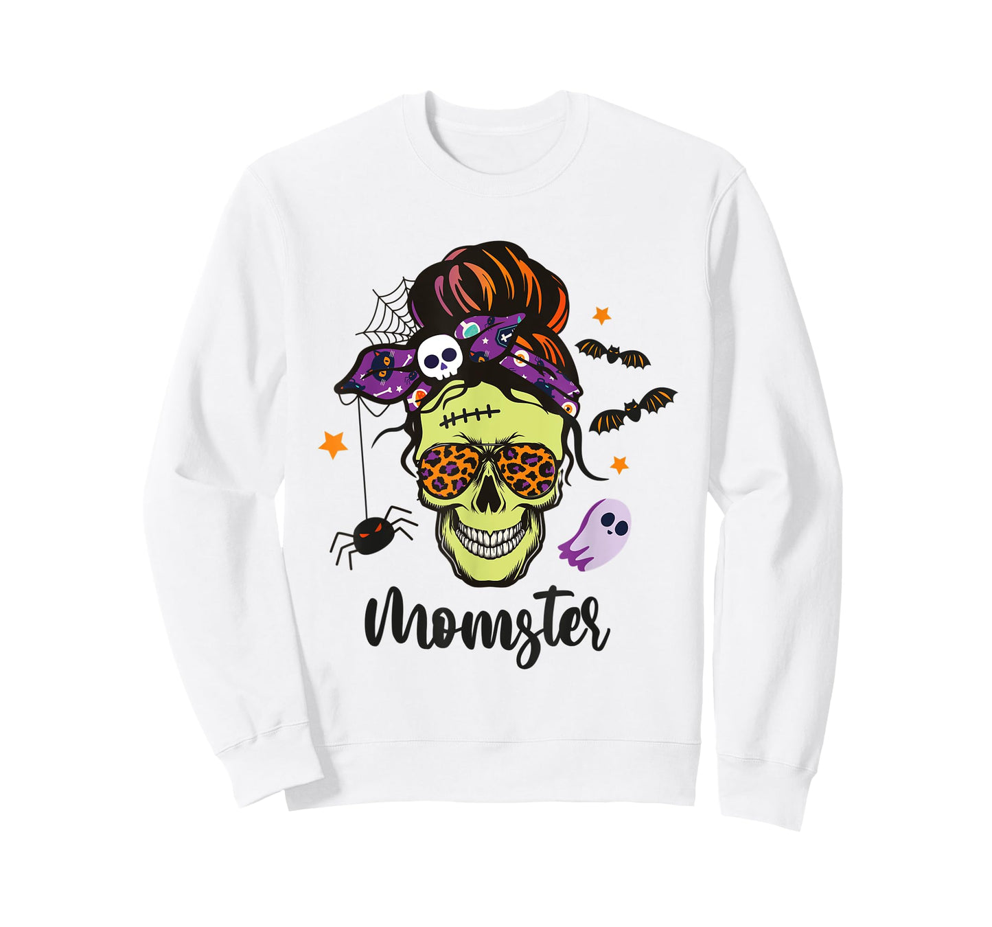 MOMSTER Halloween Skull Mom Messy Hair Bun Monster Momster T-Shirt