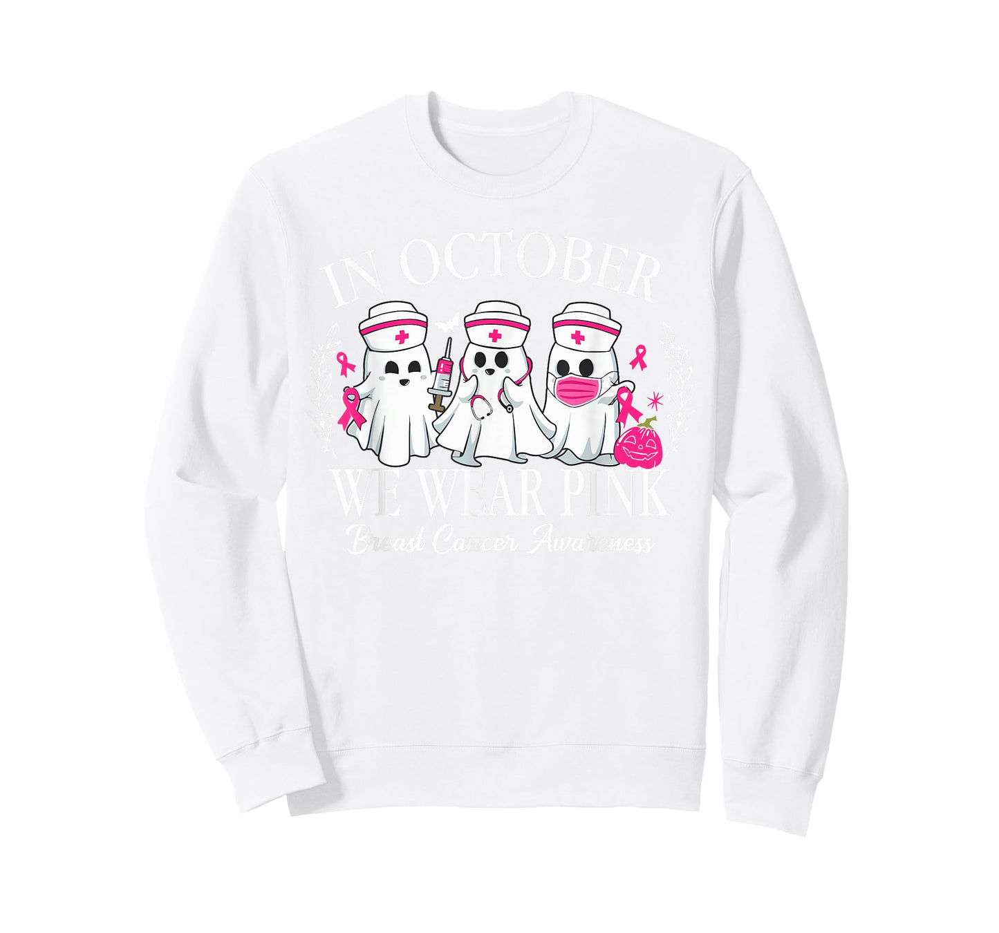 in October We Wear Pink Nurse Ghost Halloween Breast Cancer T-Shirt