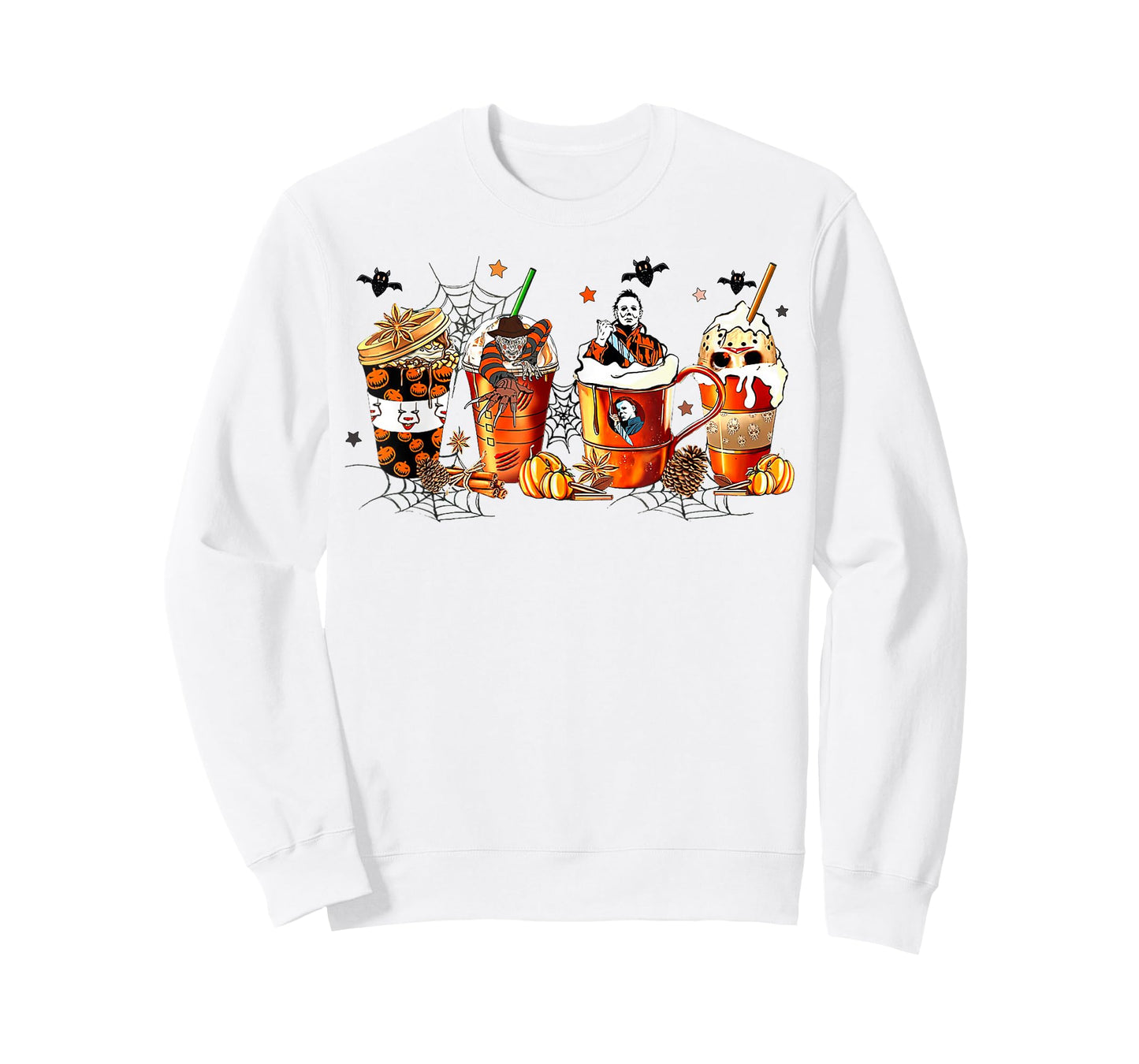 Vintage Halloween Horror Latte Coffee Cups Ghost Skeleton T-Shirt
