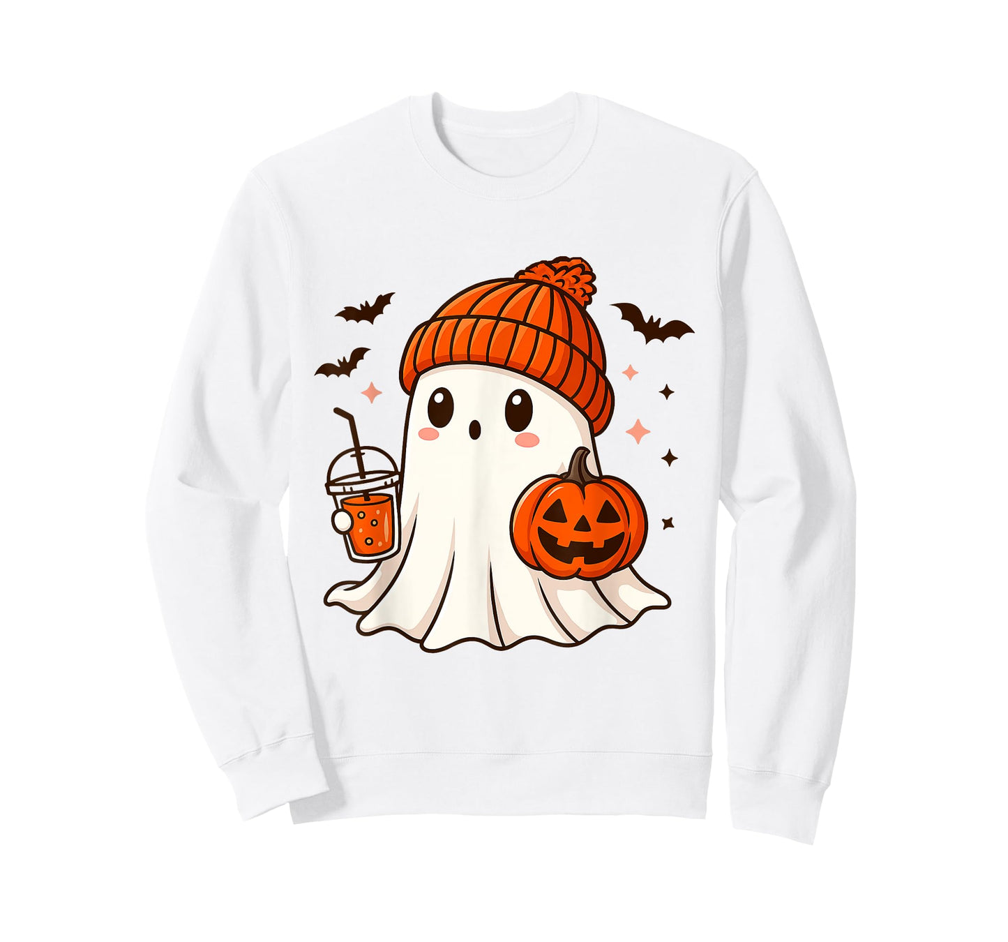 Cute Ghost with Beanie Holding Pumpkin Coffee Halloween T-Shirt
