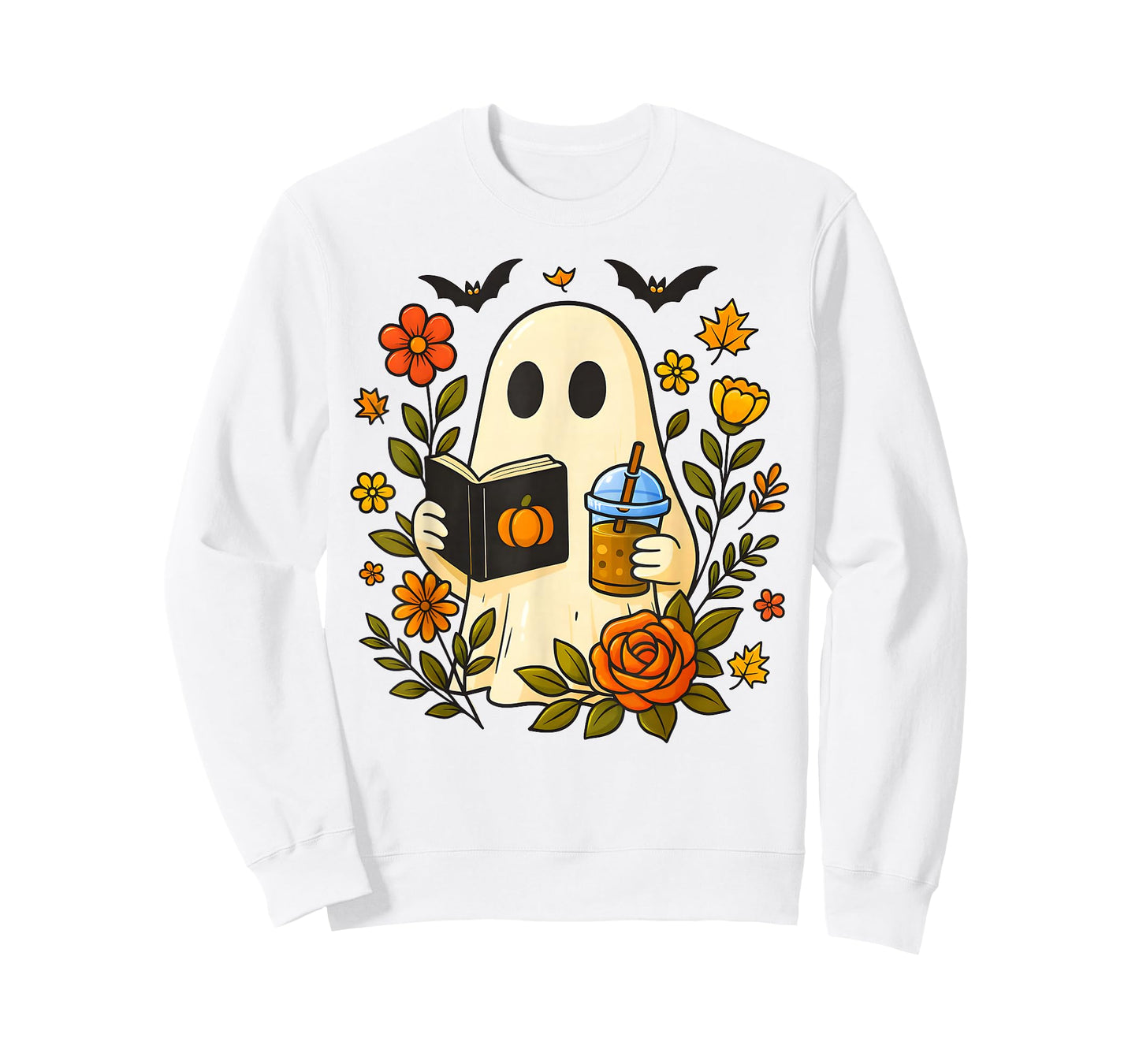 Cute Ghost Reading Book with Coffee Halloween & Autumn Lover T-Shirt