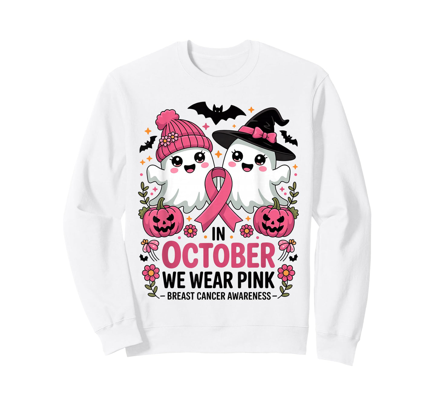 in October We Wear Pink Ghost Witch Breast Cancer Awareness T-Shirt