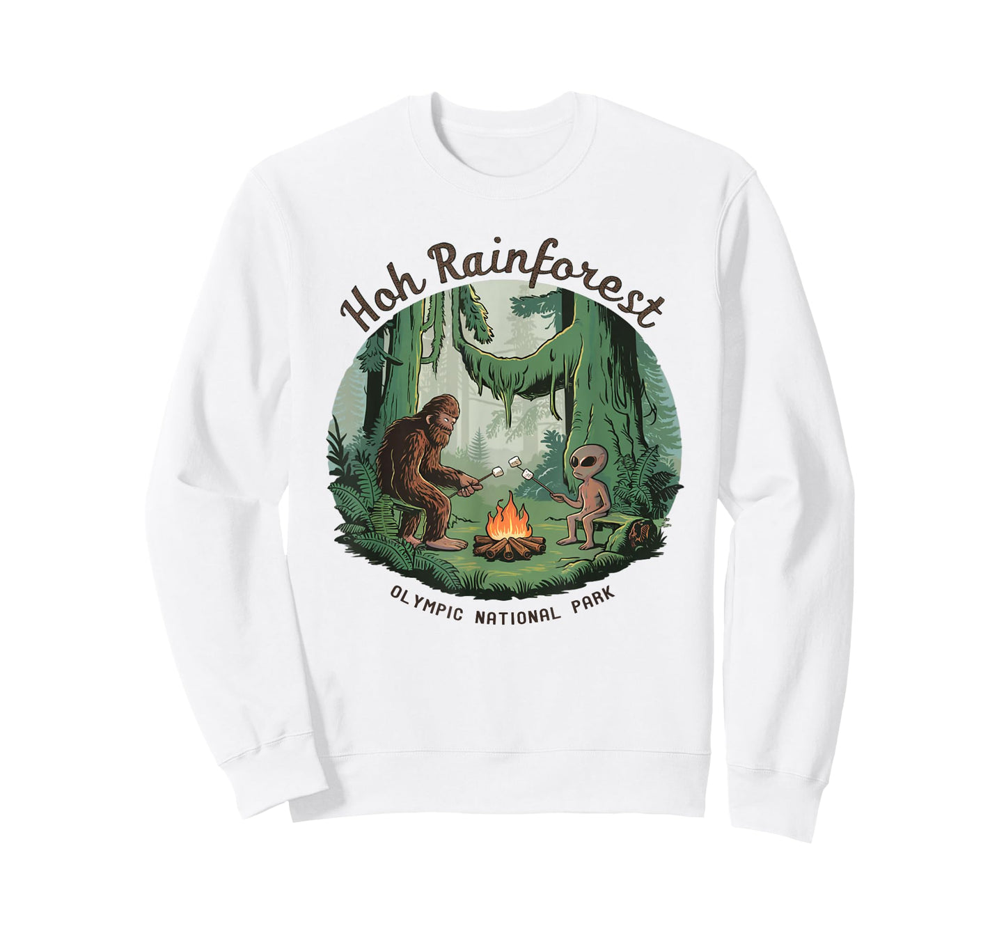 Funny Bigfoot & Alien Gifts And Shirts Bigfoot & Alien Camping Hoh Rainforest Olympic National Park Unisex-Adults Kids T-Shirt White Short Sleeve Classic Fit Cotton Blend Machine Wash Size Small