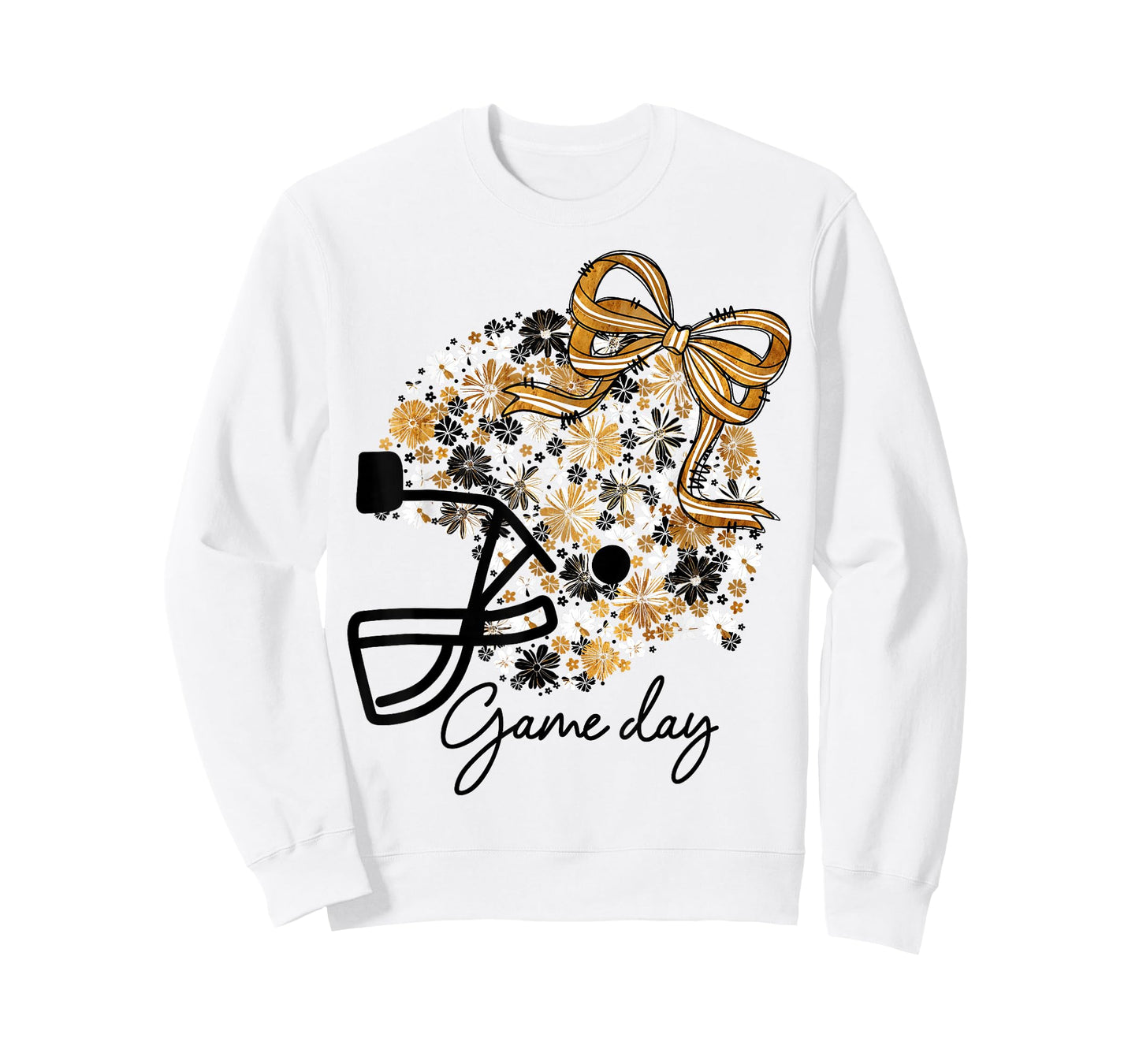 Floral Football Game Day Girly Bow Team Spirit Black & Gold T-Shirt
