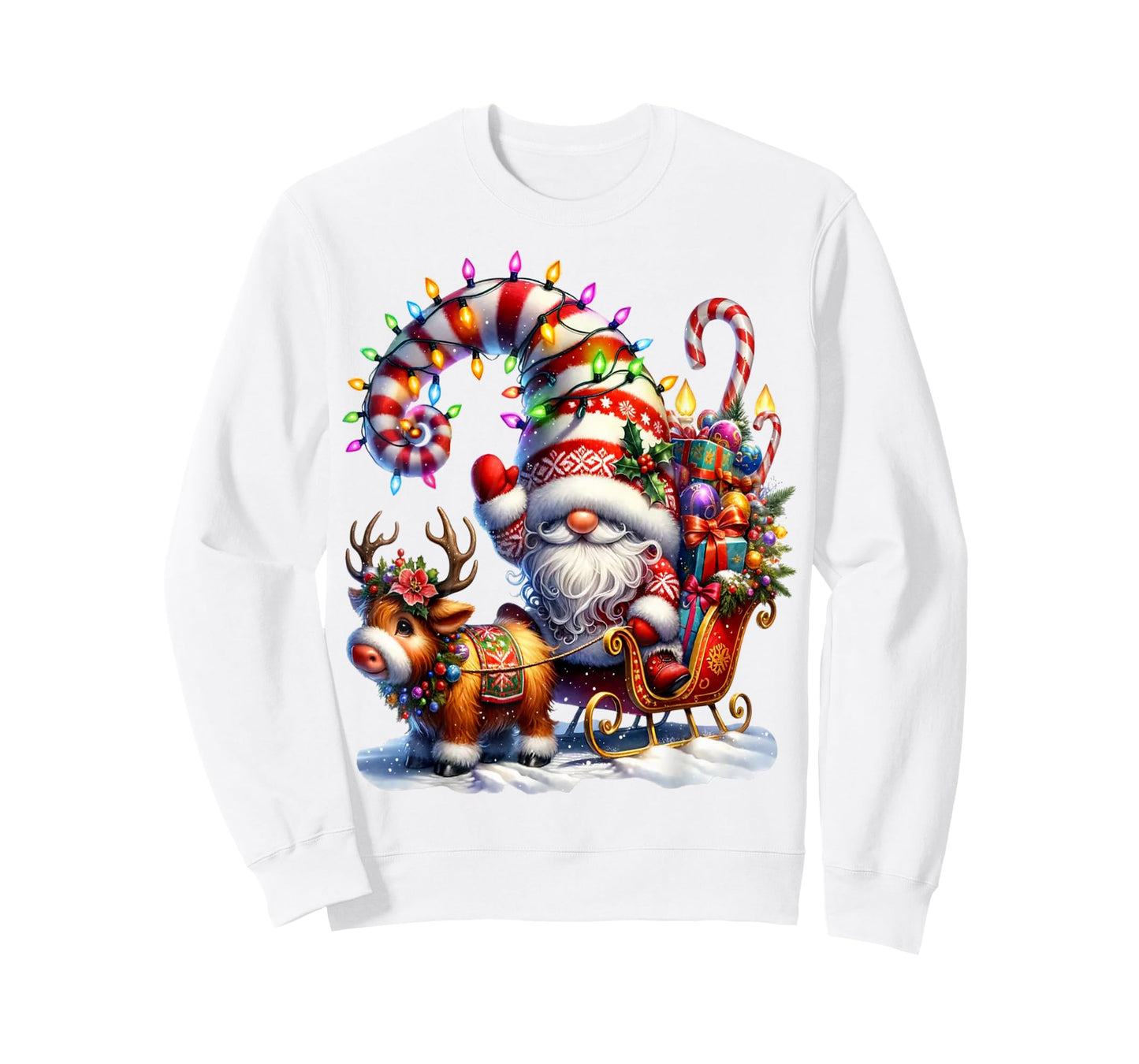 Christmas Light Gnome Santa Claus Riding Sleigh Highland Cow T-Shirt