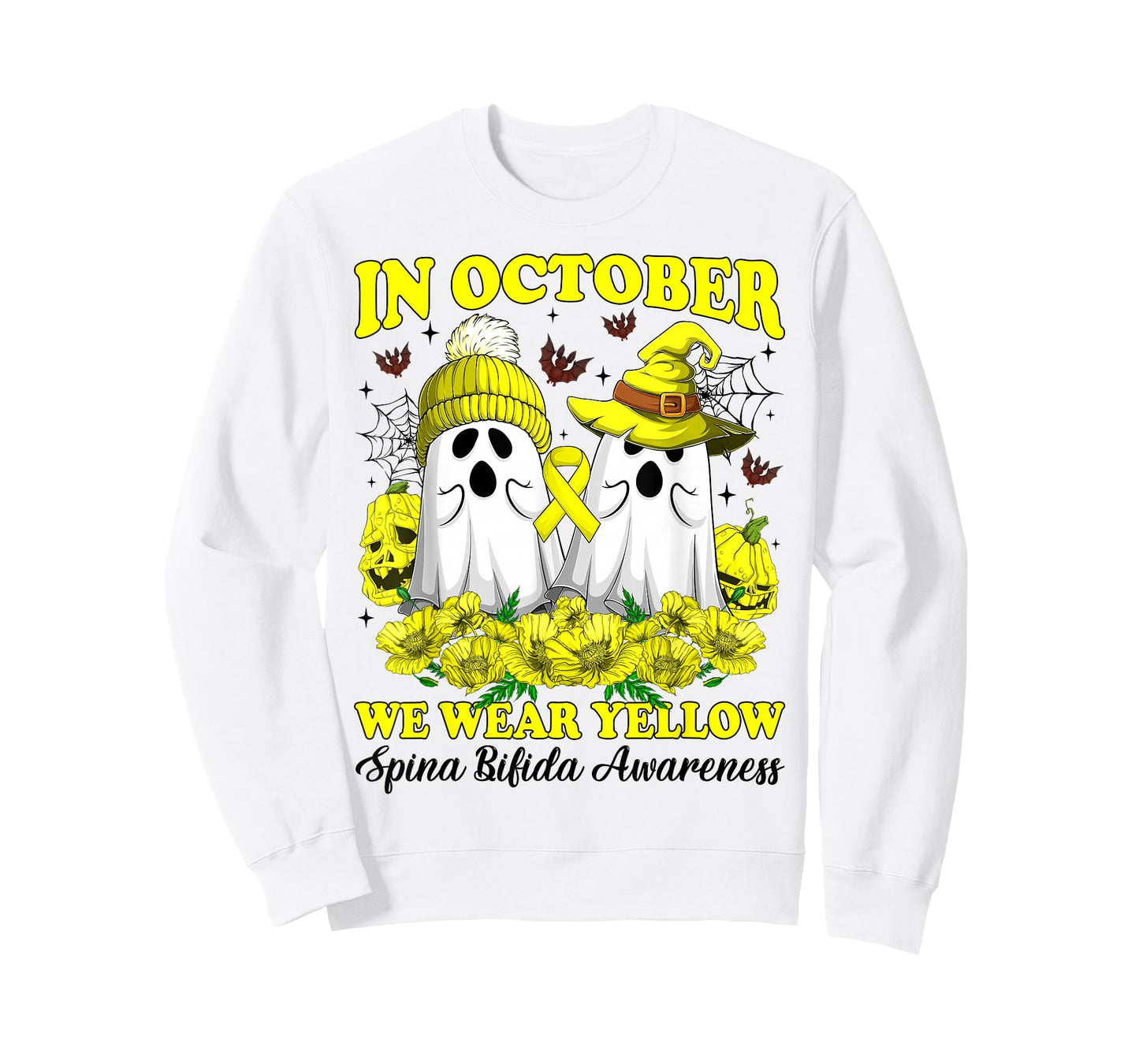 in October We Wear Yellow Spina Bifida Halloween Day Ghost T-Shirt