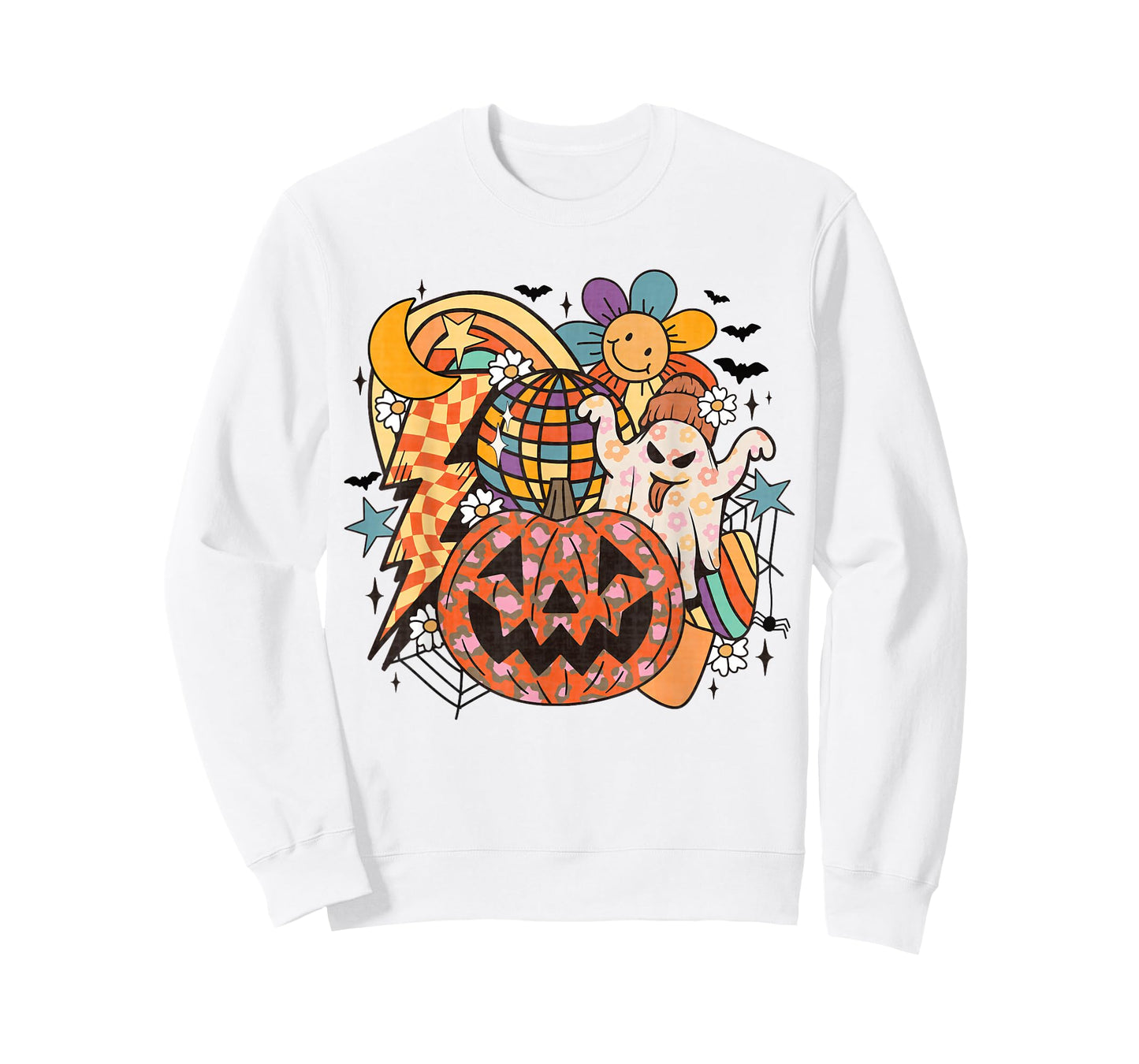 Retro Halloween Ghost Disco Pumpkin Daisy Rainbow Groovy Fun T-Shirt