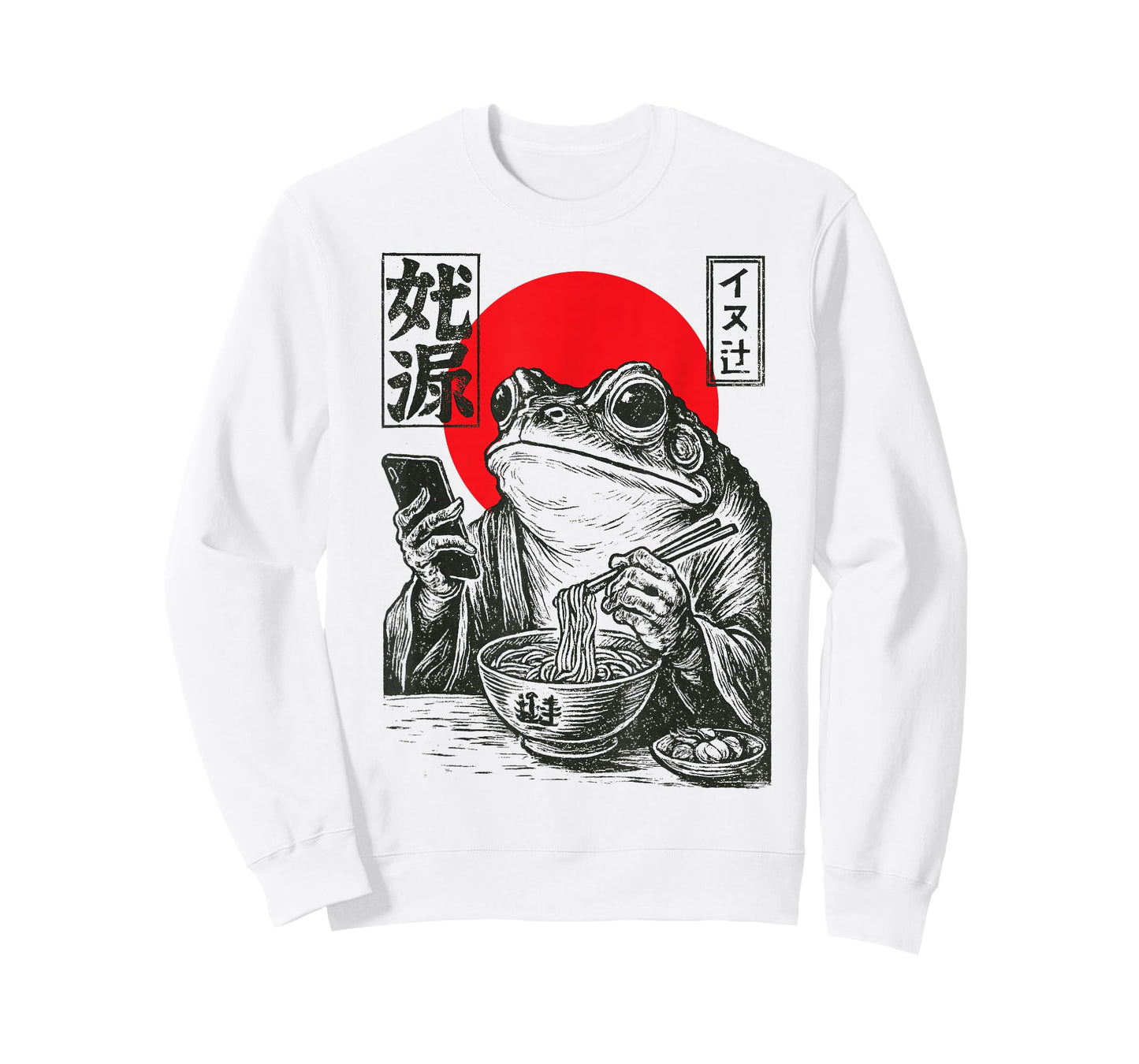 Funny Grumpy Frog Eat Ramen and Scroll Phone Japanese Art T-Shirt