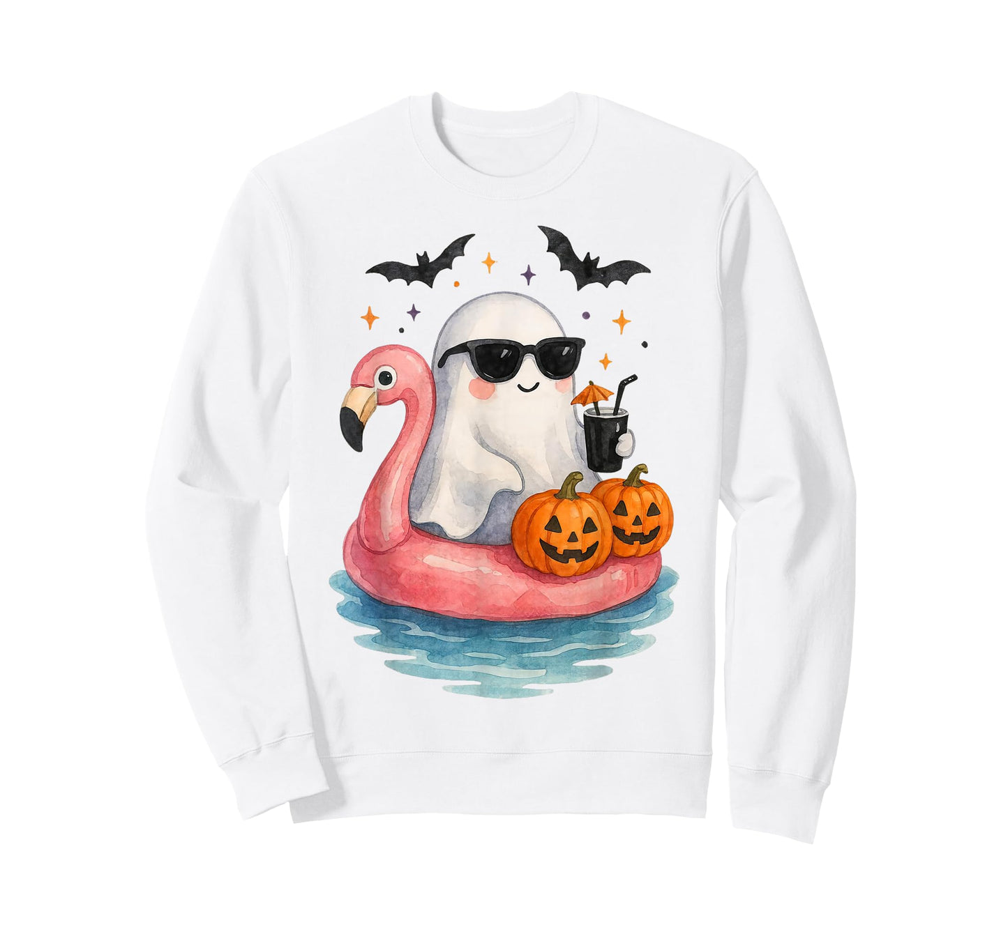 Summer Ghost Watercolor Cute Ghost With Flamingo Float Beach T-Shirt