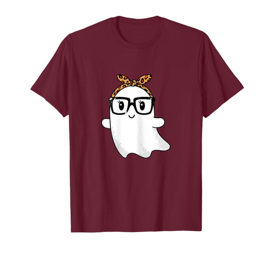 Leopard Bandana Ghost with Glasses Girls Cute Spooky Costume T-Shirt