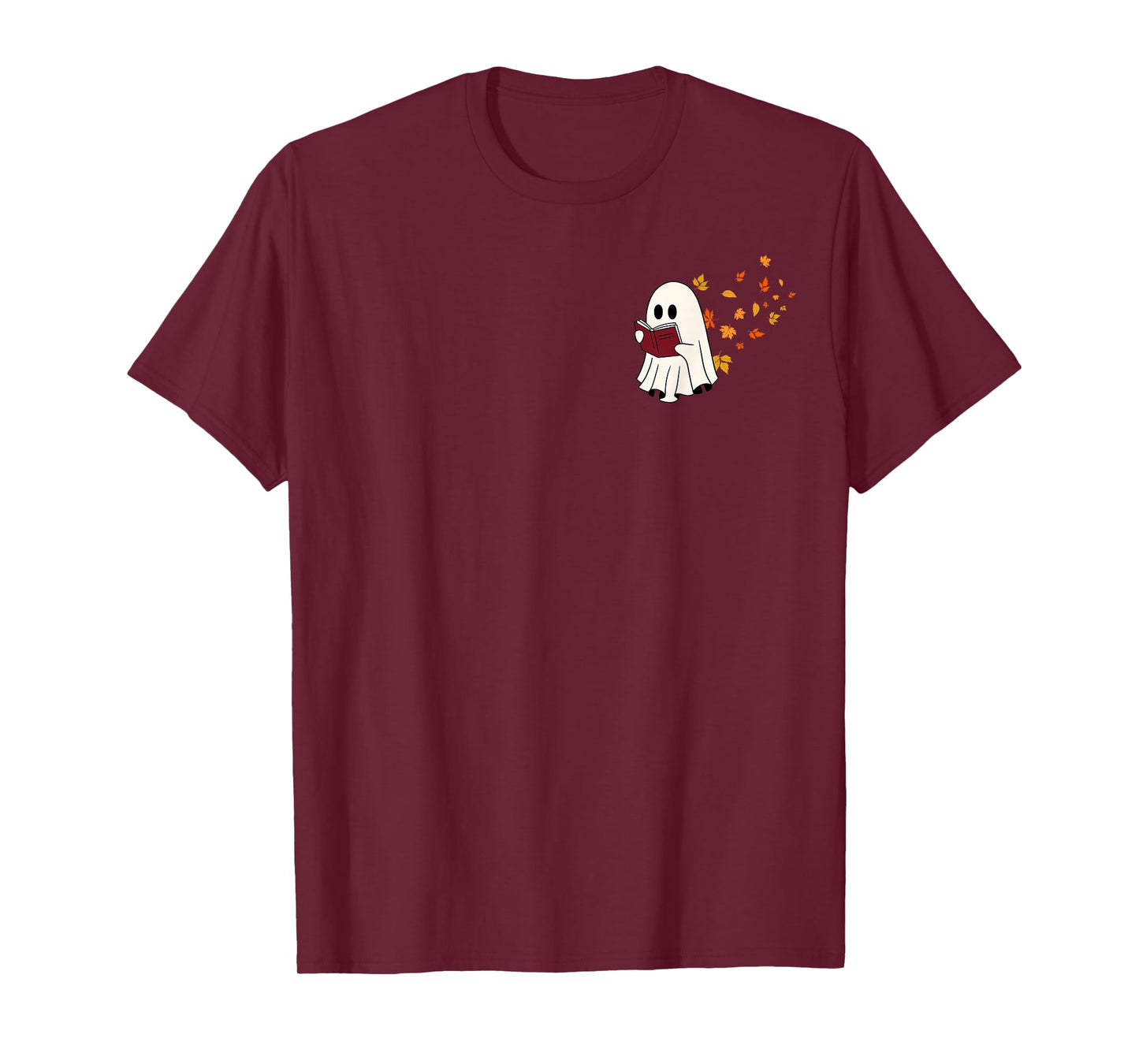 Cute Little Ghost Reading Book Under Fall Leaves Women Men T-Shirt